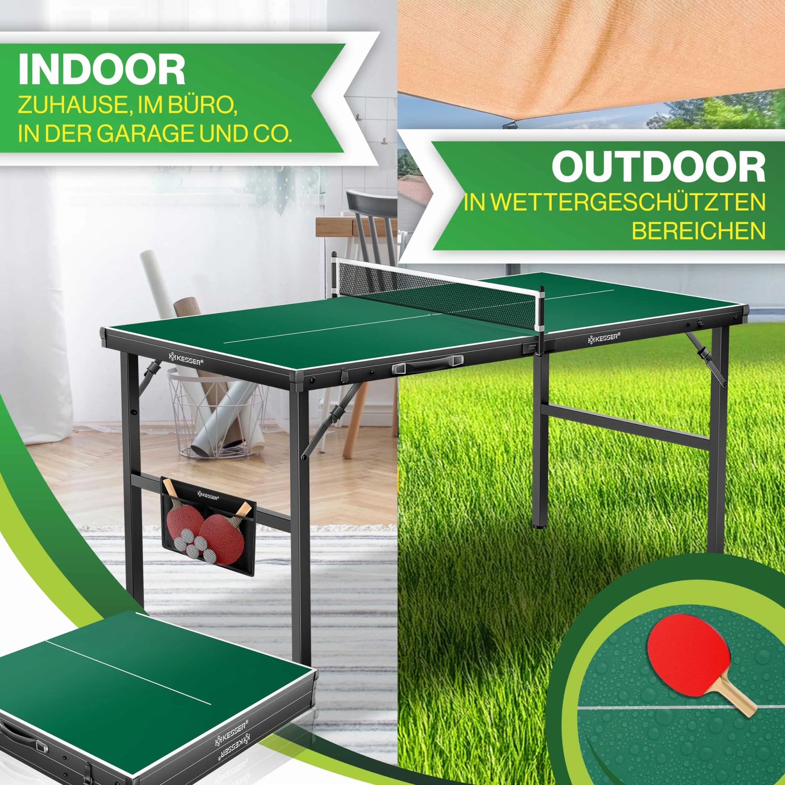 KESSER Mini table de ping-pong d'extérieur intérieur avec raquettes balles filet TT résistant aux intempéries laminé pliable