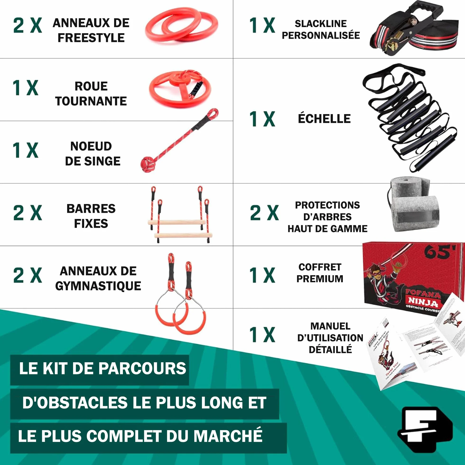 Ninja Line Kit Parcours Obstacles 32 Pièces Slackline 11m avec Anneaux Barres Poings de Singe Jeu Plein Air Ninja Warrior