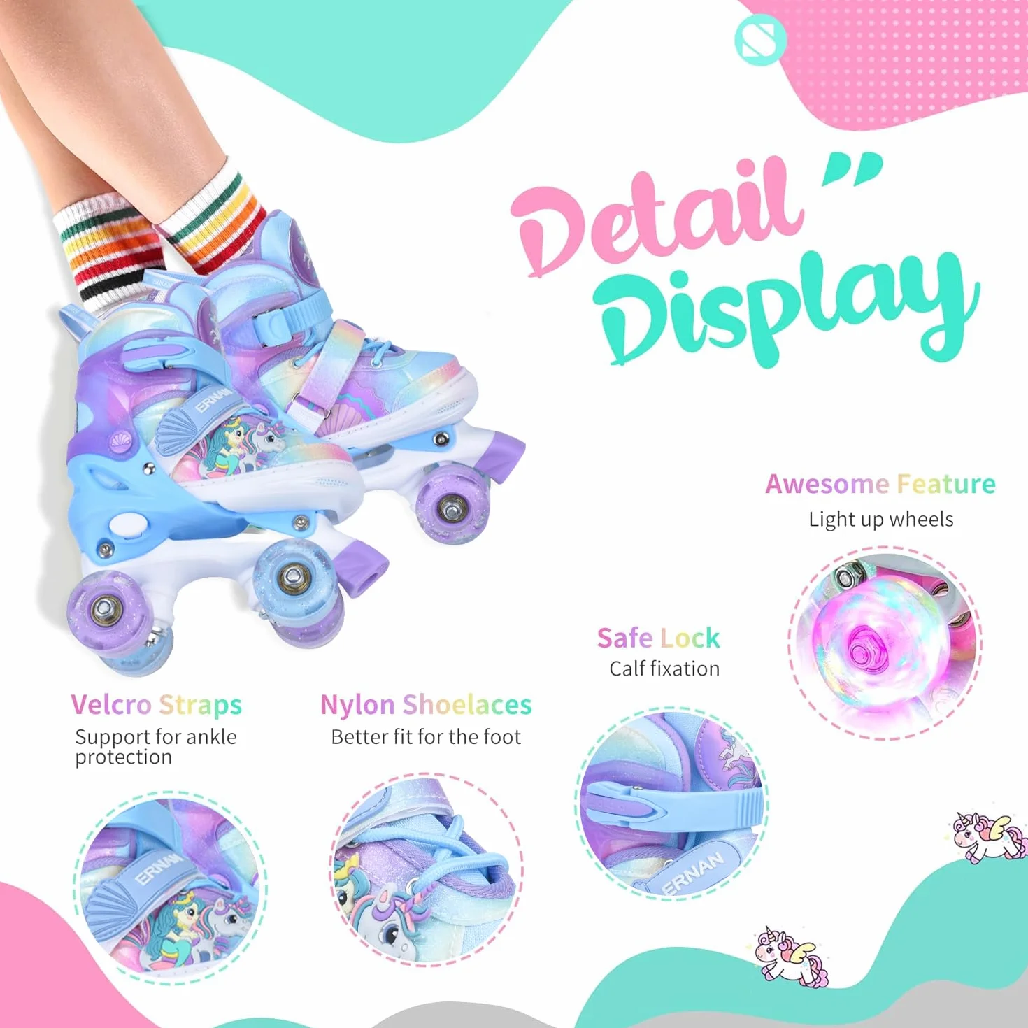 ERNAN Roller Enfant Filles Garçons Patin à Roulettes 4 Taille Réglable 8 Roues Lumineuses Débutants