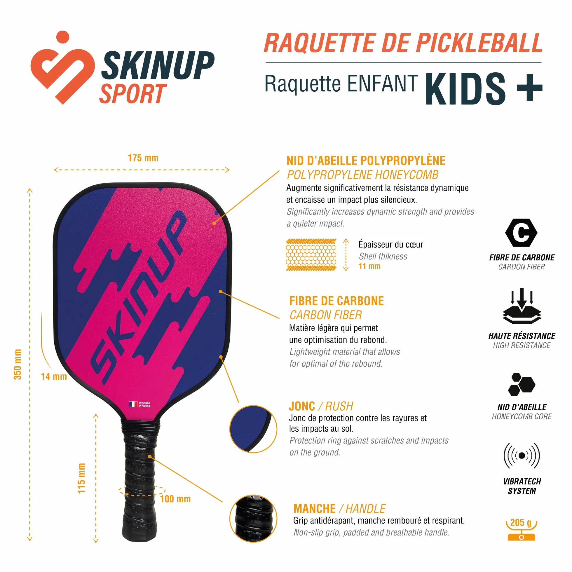 Raquette de Pickleball Enfant SKINUP Fibre de Carbone Nid d'abeille Polypropylène Manche 100mm 205g