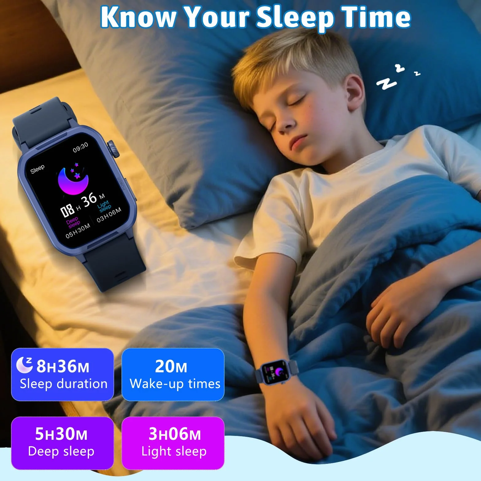 Montre connectée enfant 1.5" podomètre 19 modes entraînement fréquence cardiaque suivi sommeil étanche cadeau filles garçons 6-15 ans bleu