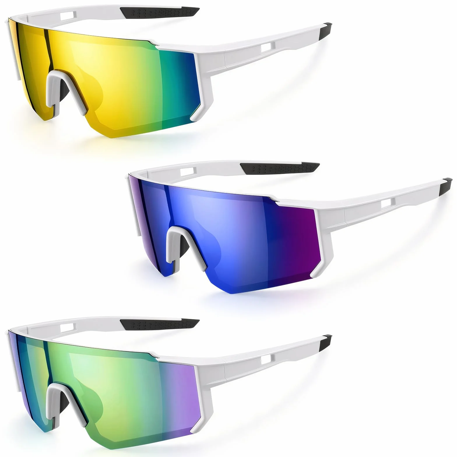 Lunettes de Cyclisme UV400 Protection Running Homme Femme, Ultra-Léger Lot de 3 avec Plaquettes Nasales Réglables