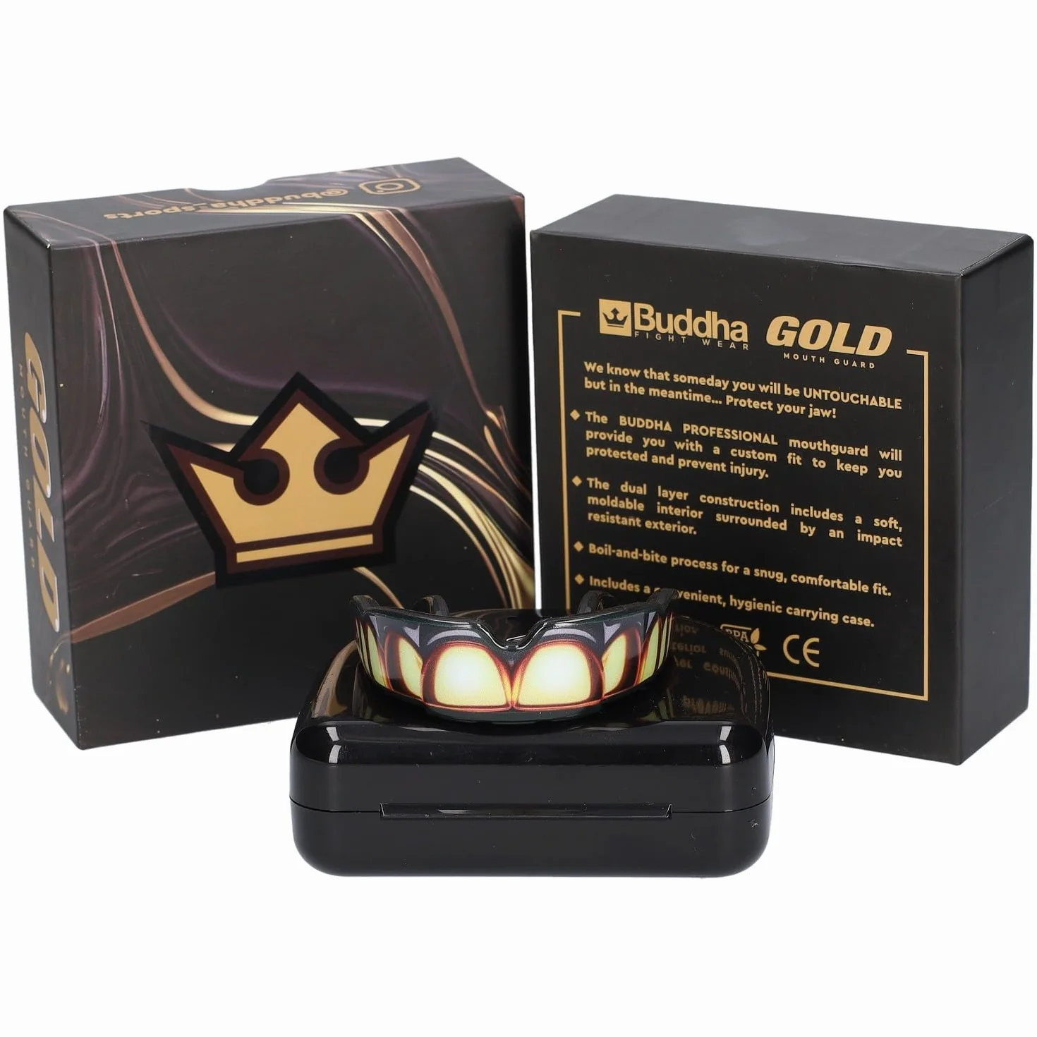 Protège-dents BUDDHA FIGHT WEAR pour sports de contact rugby MMA kickboxing judo hockey boxe noir-or adultes enfants 12+