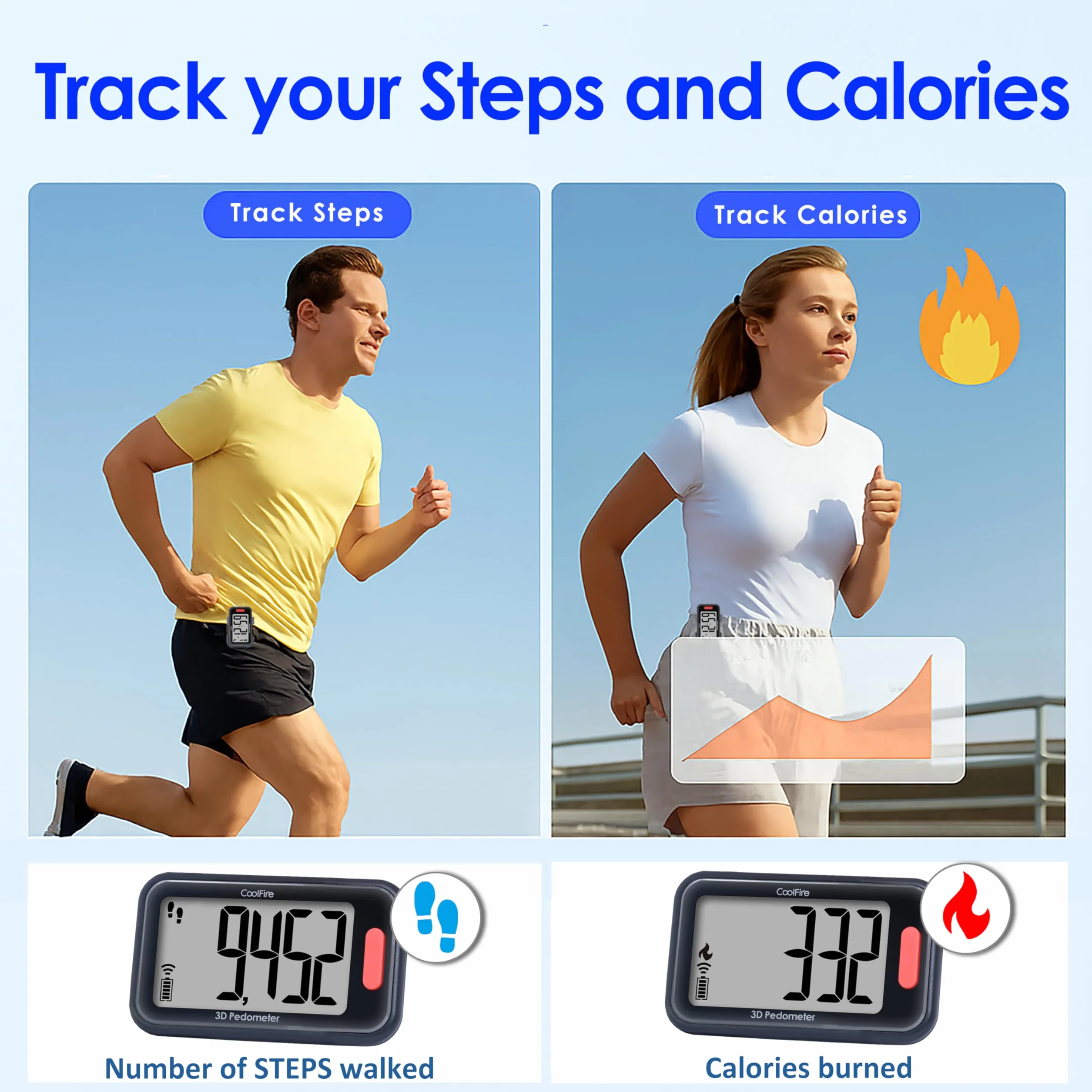 CoolFire Podomètre 3D à clipser pour la marche, kilomètres et calories
