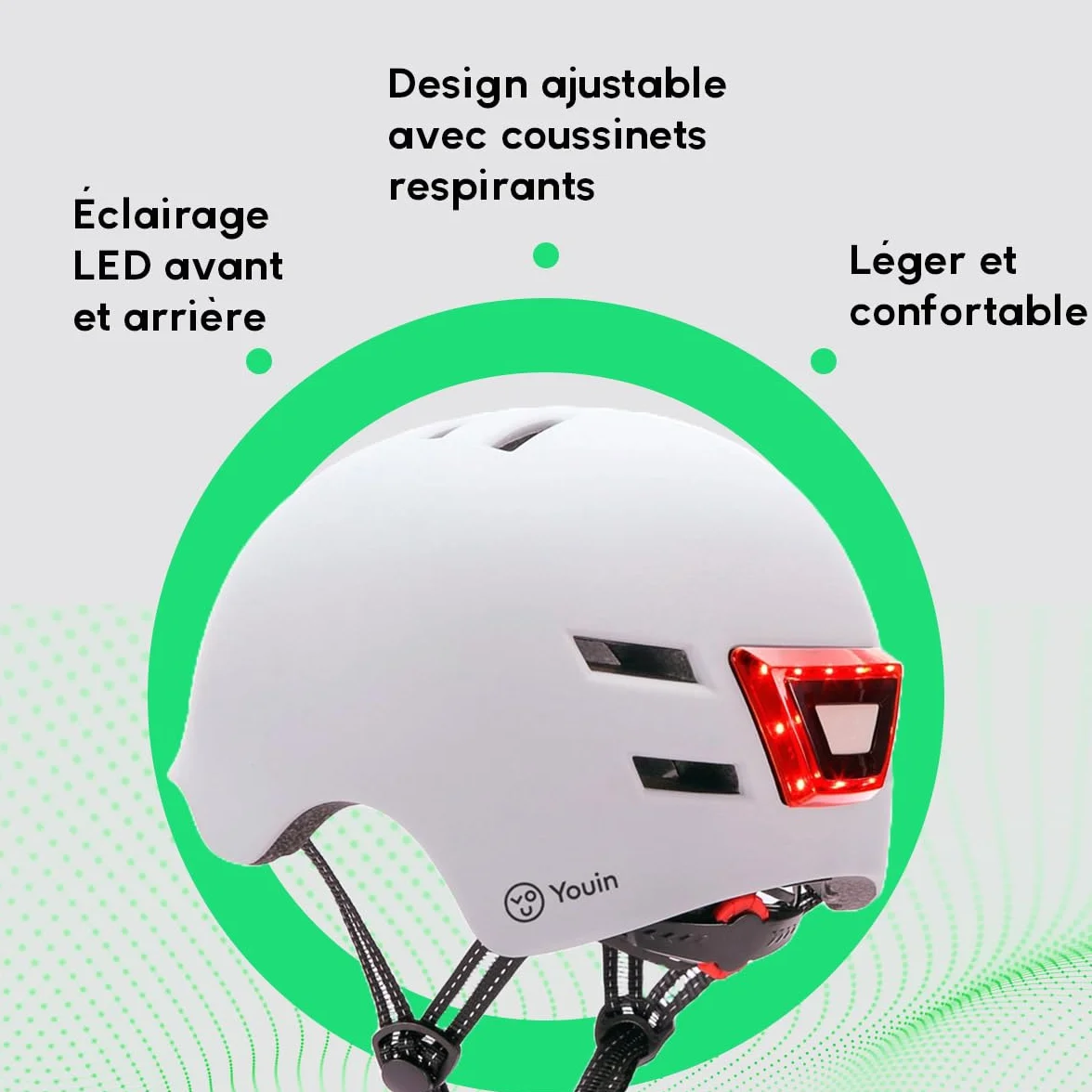 Youin Casque Homologué LED Avant Arrière pour Trotinette Vélo Protection Visibilité Taille L 55-62 cm