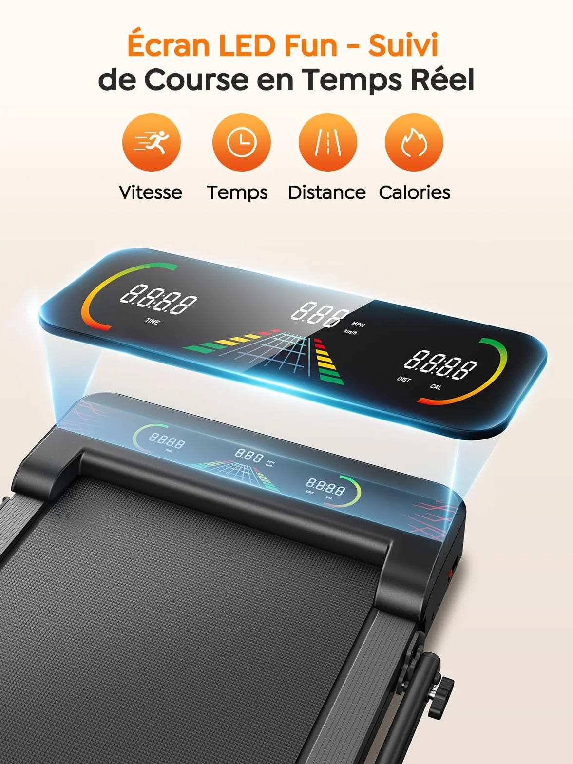 Tapis de Course Pliable 5-en-1 avec LED Motivantes, Inclinable 9%, Moteur Silencieux, Double Écran LED, 1-12 km/h, Compact Walking Pad 120kg