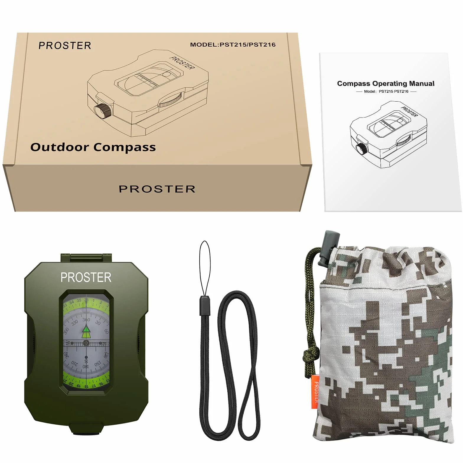 Proster Boussole Militaire Professionnelle avec Clinomètre en Métal Imperméable pour Camping, Hiking, Géologie