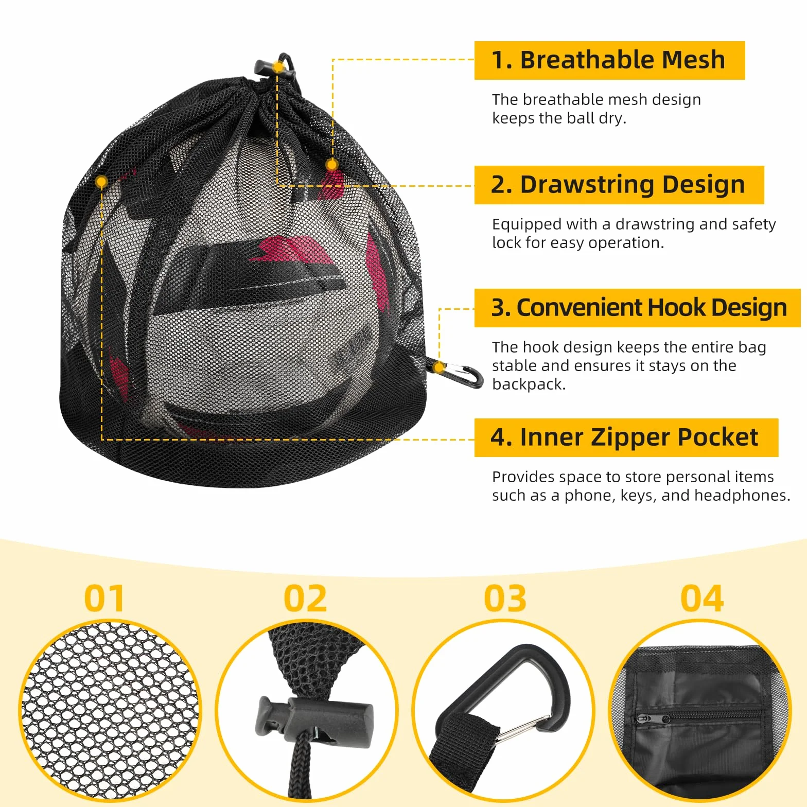 Sacs Basketball 16L - Sac Ballon de Basket - Filet Pliable avec Poche Zippée et Mousqueton - Sac de Transport pour Basketball, Football