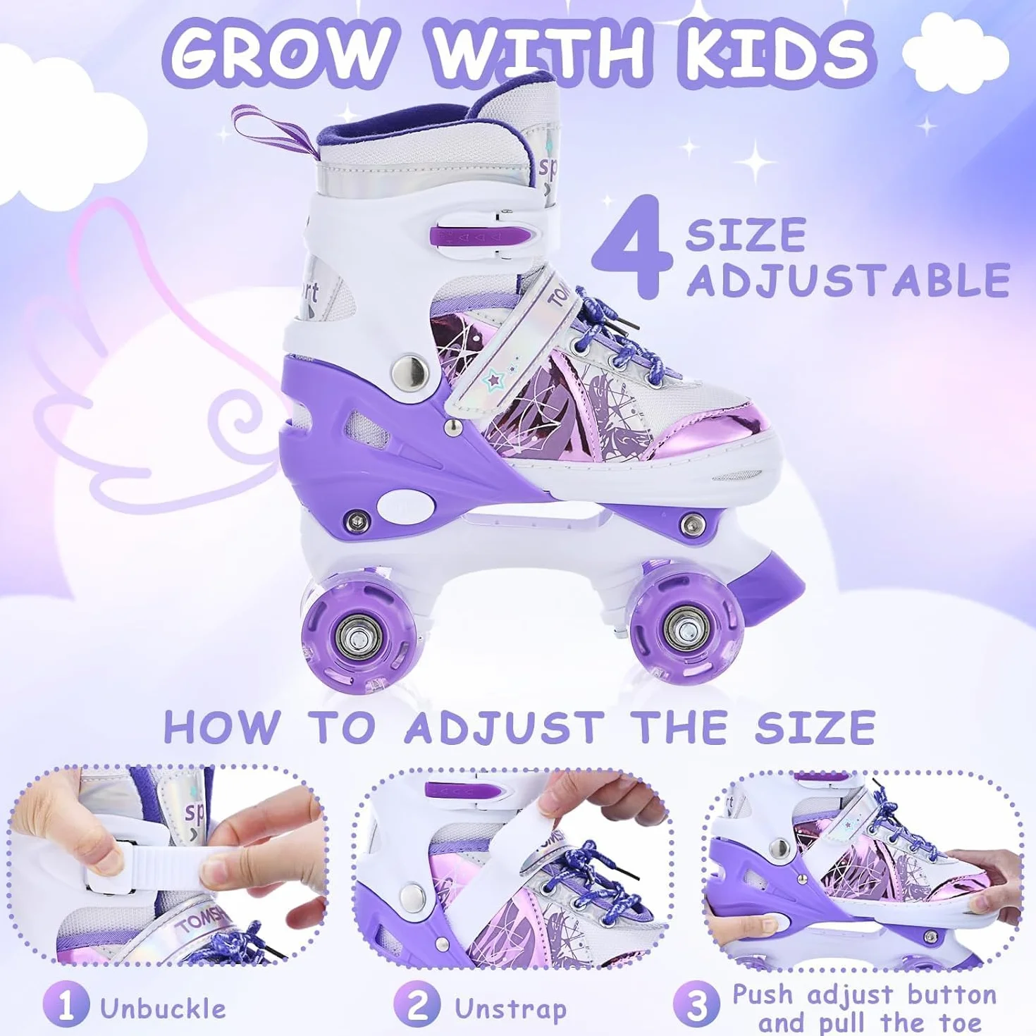 TOMSHOO Patins à roulettes Fille, Roller Enfant LED Lumineuse Roues, Rollers Quad Taille Réglable