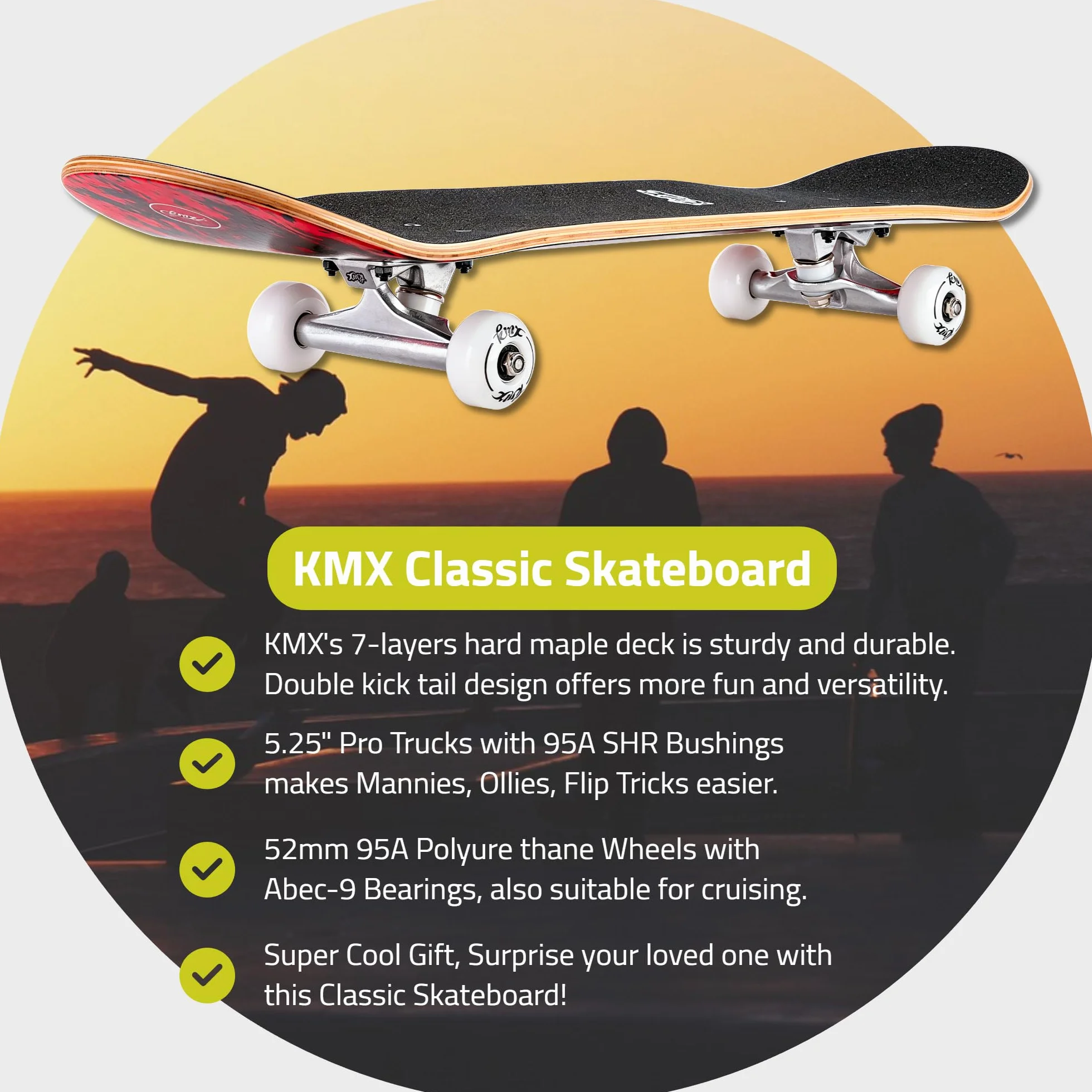 Skateboard pour Débutants, Plateau Concave Double Queue en Érable Canadien 7 Couches, Trucks Alliage d'Aluminium