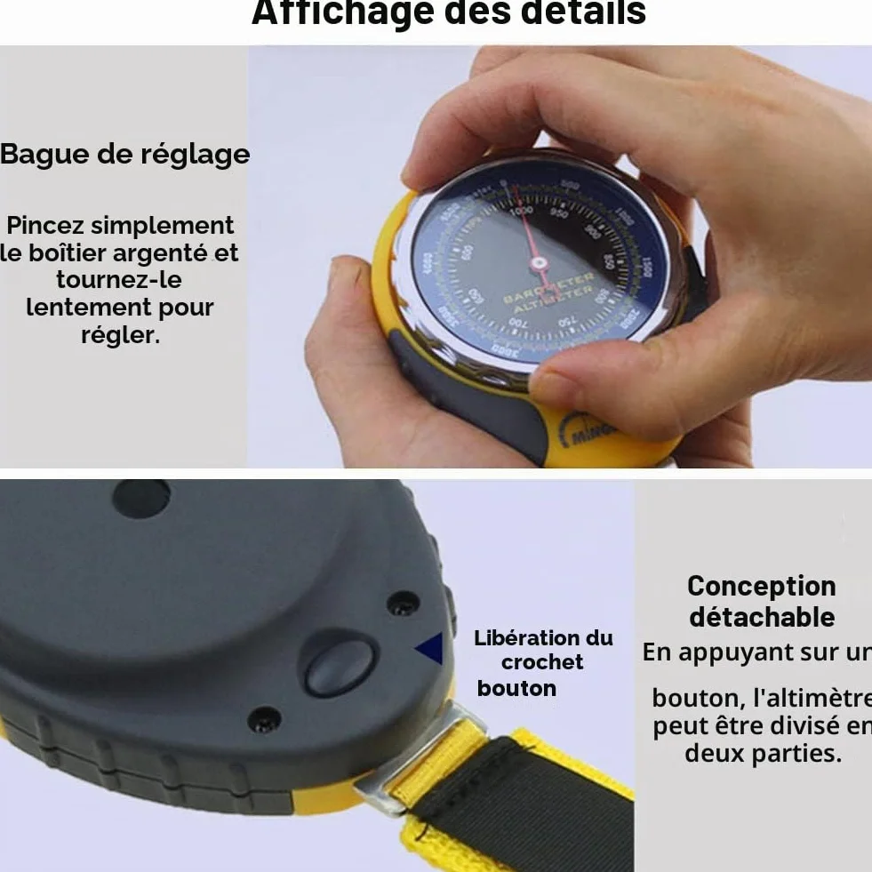 Altimètre 4 en 1 multifonction avec boussole thermomètre baromètre mousqueton pour randonnée extérieur