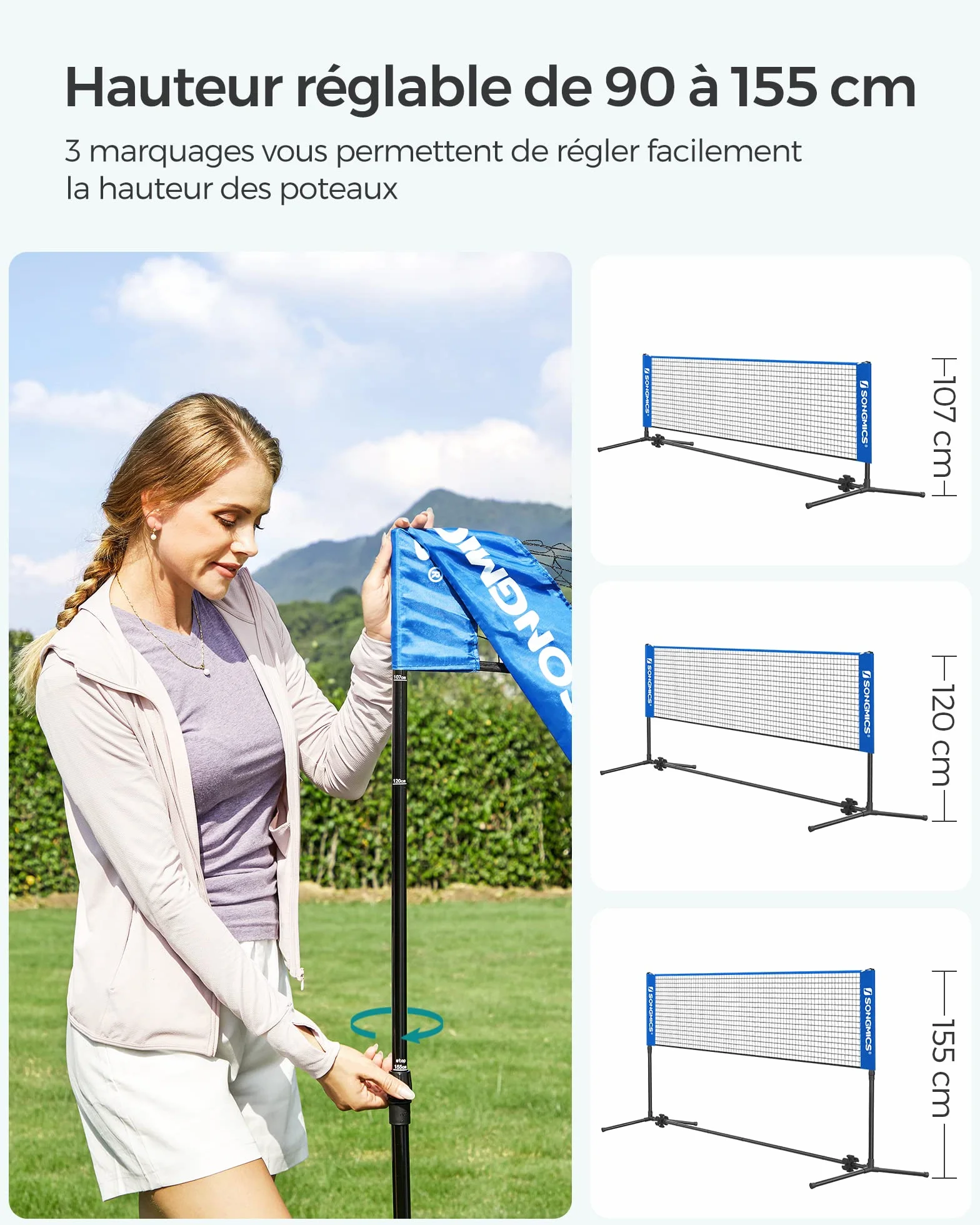 SONGMICS Filet de Badminton 3 m, Hauteur réglable, Ensemble Portable pour Volley-Ball