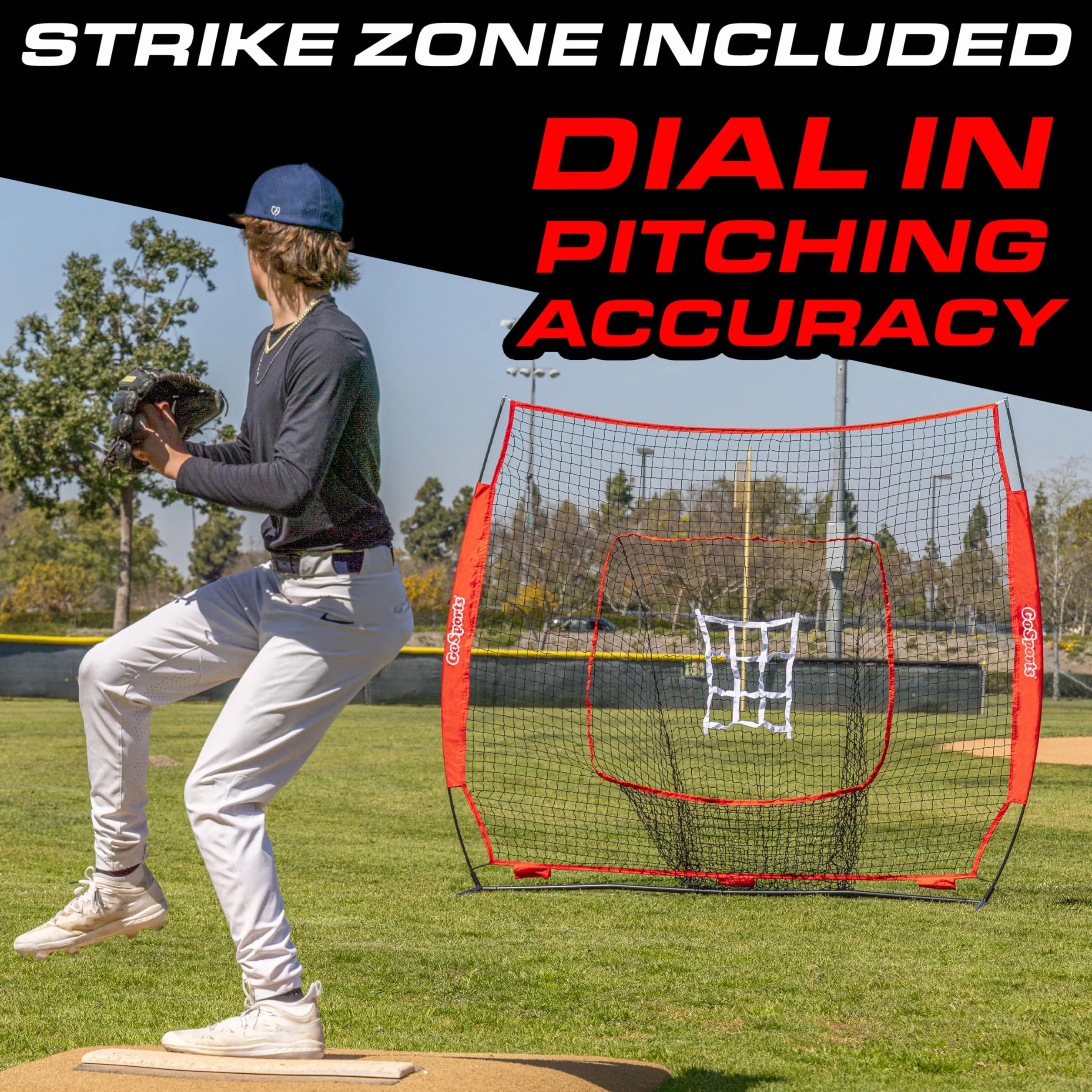 GoSports 7'x7' Baseball Softball Practice Hitting Pitching Net with Bow Frame, Carry Bag, Strike Zone