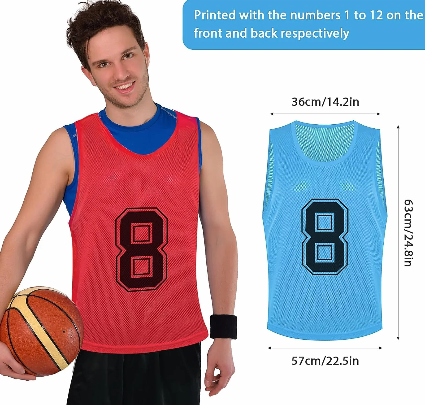 Lot de 24 chasubles d'entraînement en maille nylon réversibles numérotées pour adultes basket-ball football soccer