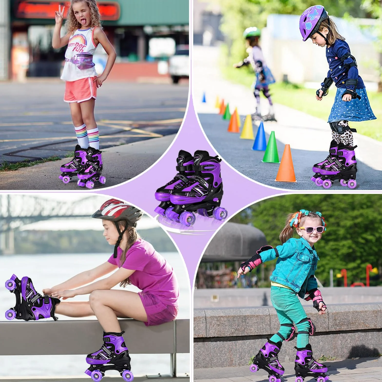 Patins à roulettes Enfants 4 Tailles réglables Roues Lumineuses Violet Blanc Quad Sport