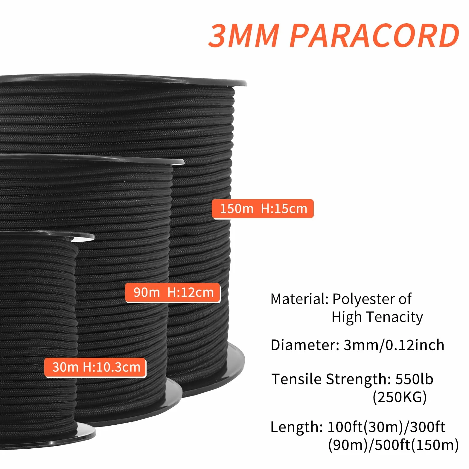 NewDoar Paracord 3mm Cordon Utilitaire 30M Rouleau Corde Tactique 7 Noyaux Polyester 250KG Résistance Traction Extérieur Bricolage