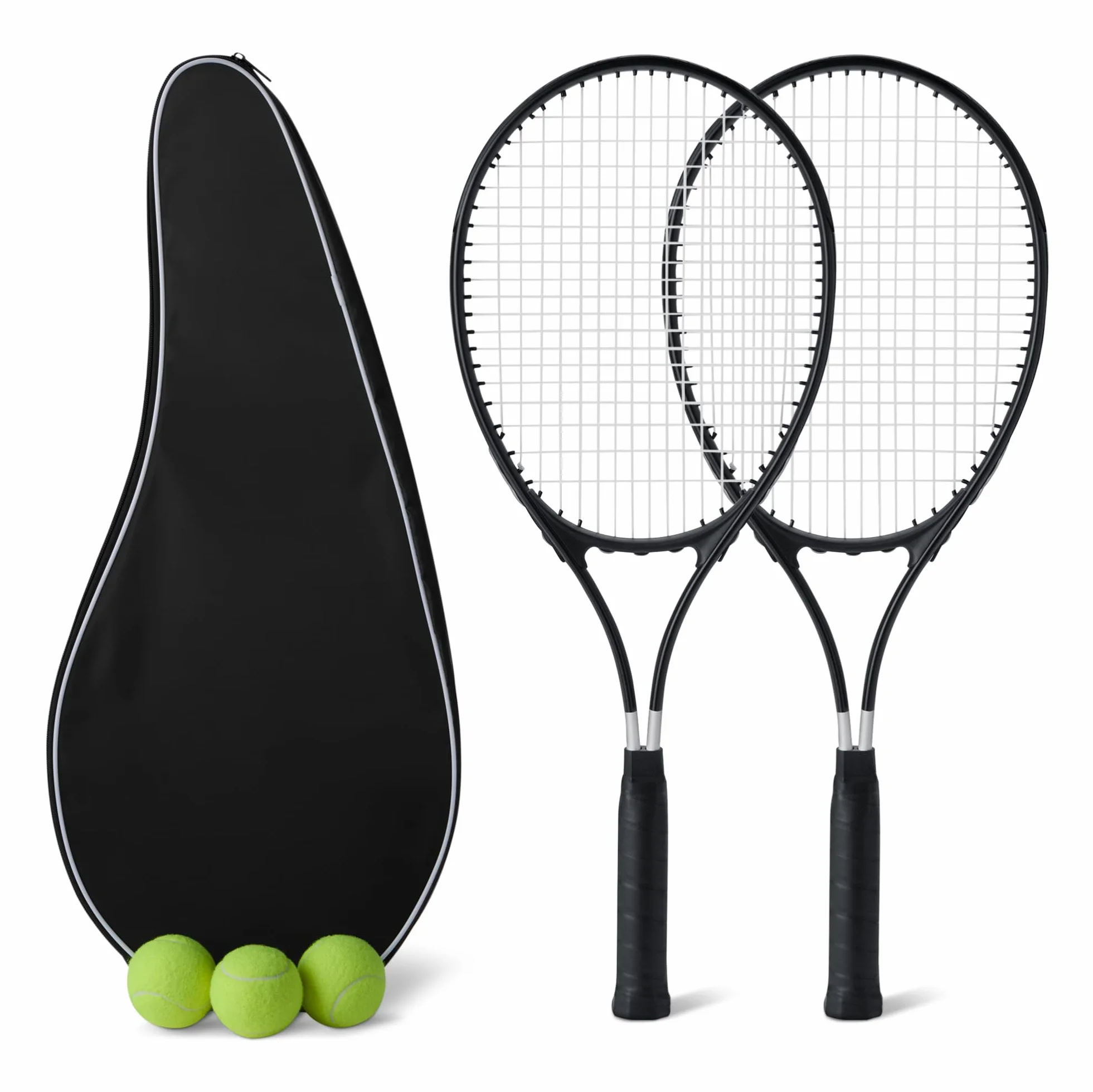 Amazon Basics Lot de 2 raquettes de tennis pour adulte 68.5 cm, 3 Balles et 2 Surgrips, Noir