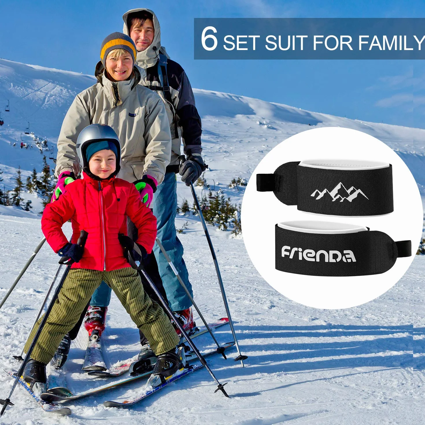Sangles de Ski Réglables 6 Pièces avec Crochet et Boucle pour Familles Hommes Femmes Enfants Noir