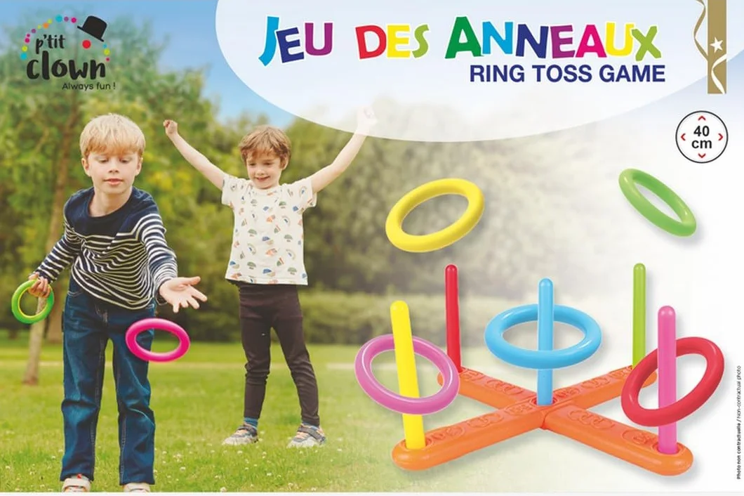 P'TIT CLOWN Jeu de Lancer d’Anneaux Enfant - Jeu d’Extérieur d’Adresse et de Précision - 5 Anneaux, 5 Piquets, Support à Assembler - Plastique