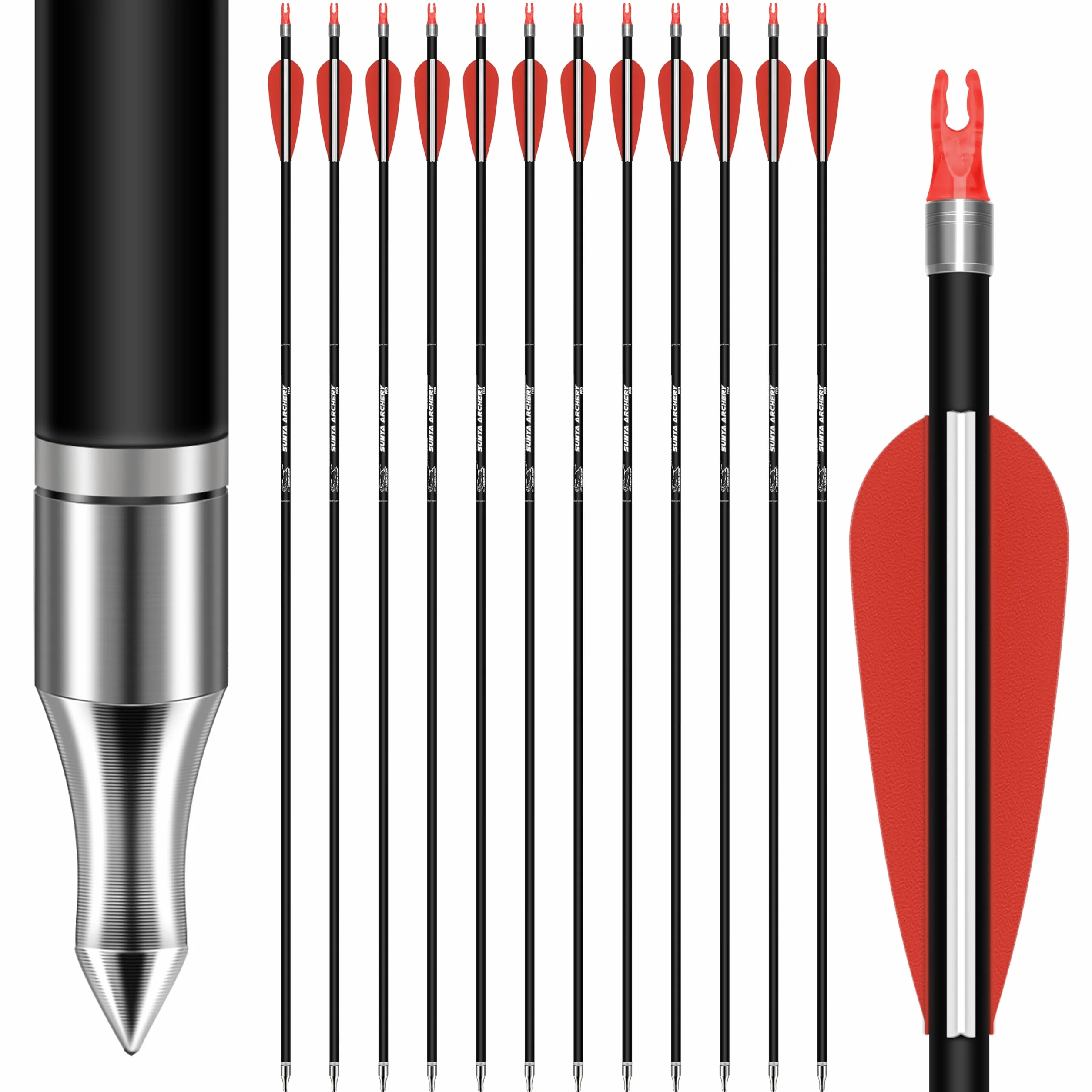 Sunya Flèches de Chasse Carbone 30 Pouces Spine 400/500 Pointes Amovibles Lot de 12 pour Arc à poulies et Recurve