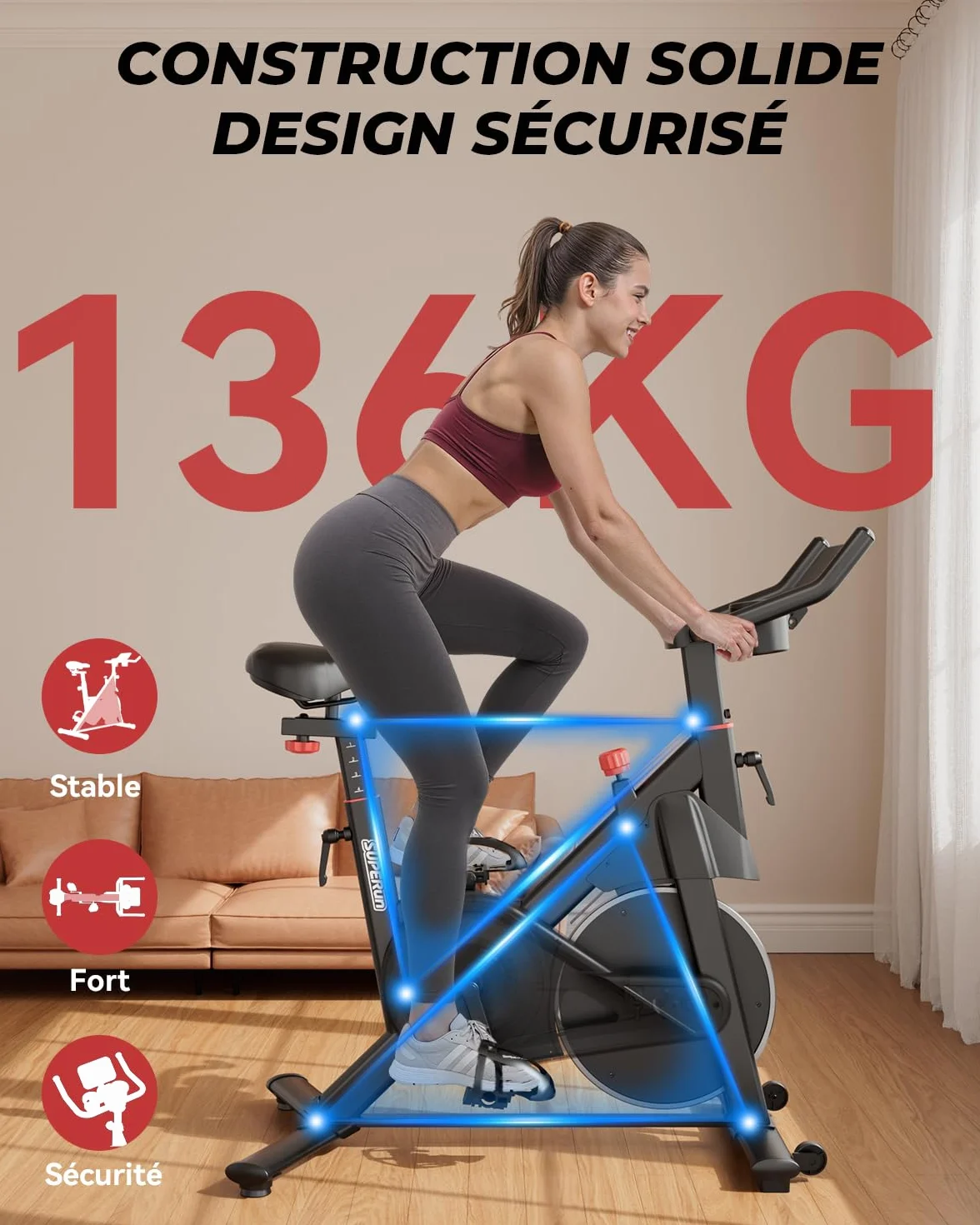 Superun Vélo d'Appartement 32 Niveaux Résistance Magnétique Connecté APP Charge Max 136KG