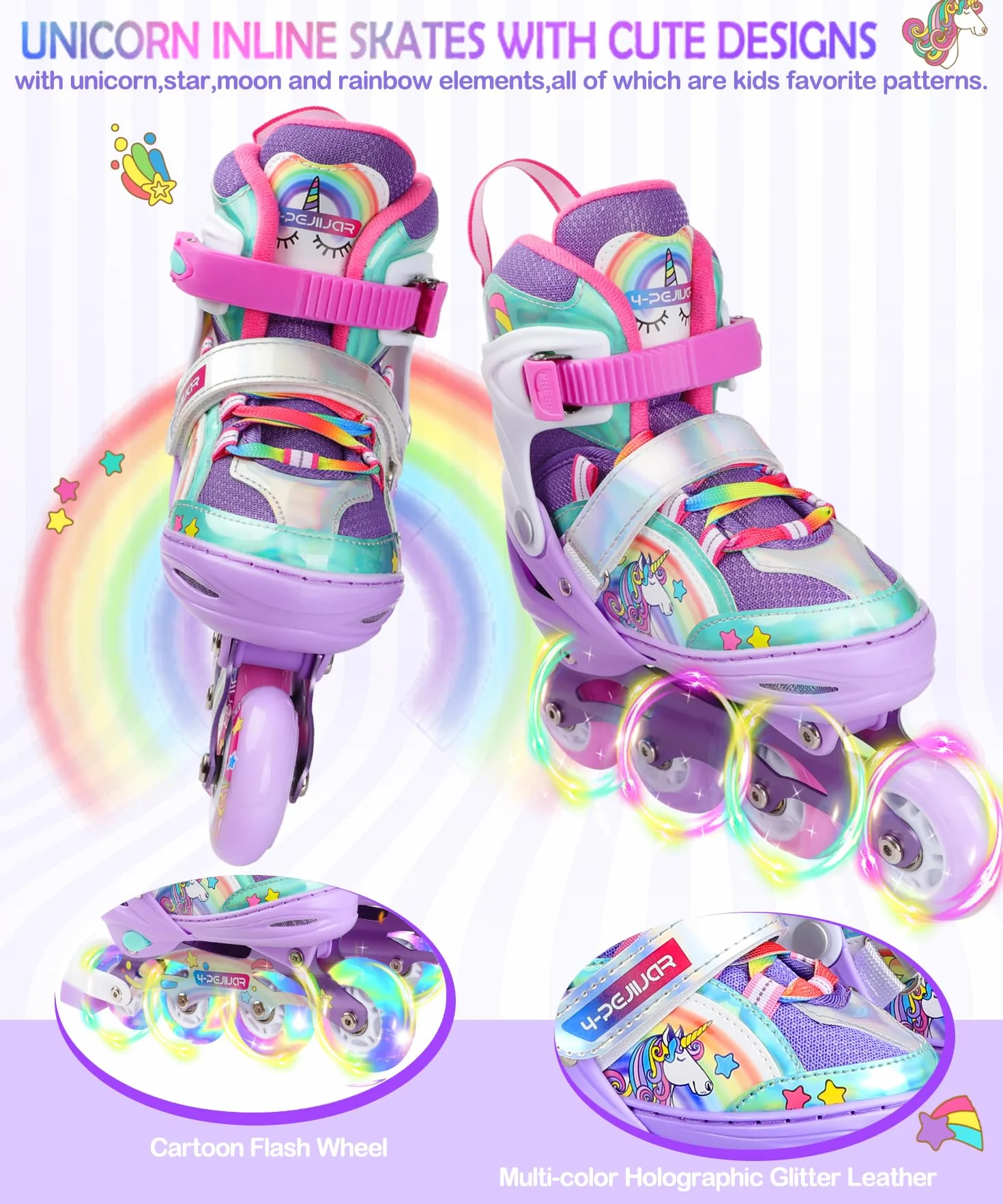 Licorne Rollers Enfant Roues Lumineux Patins à Roulettes Alignées Taille Ajustable Quad Filles Débutants