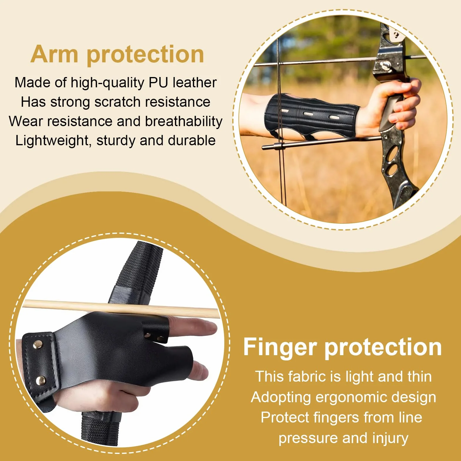 Set Protège Bras de Tir à l'Arc en Cuir PU Garde de Bras Noir Protection d'Avant-Bras avec Sangles Réglable et Protège Doigts pour Arc Classique Arc Composé