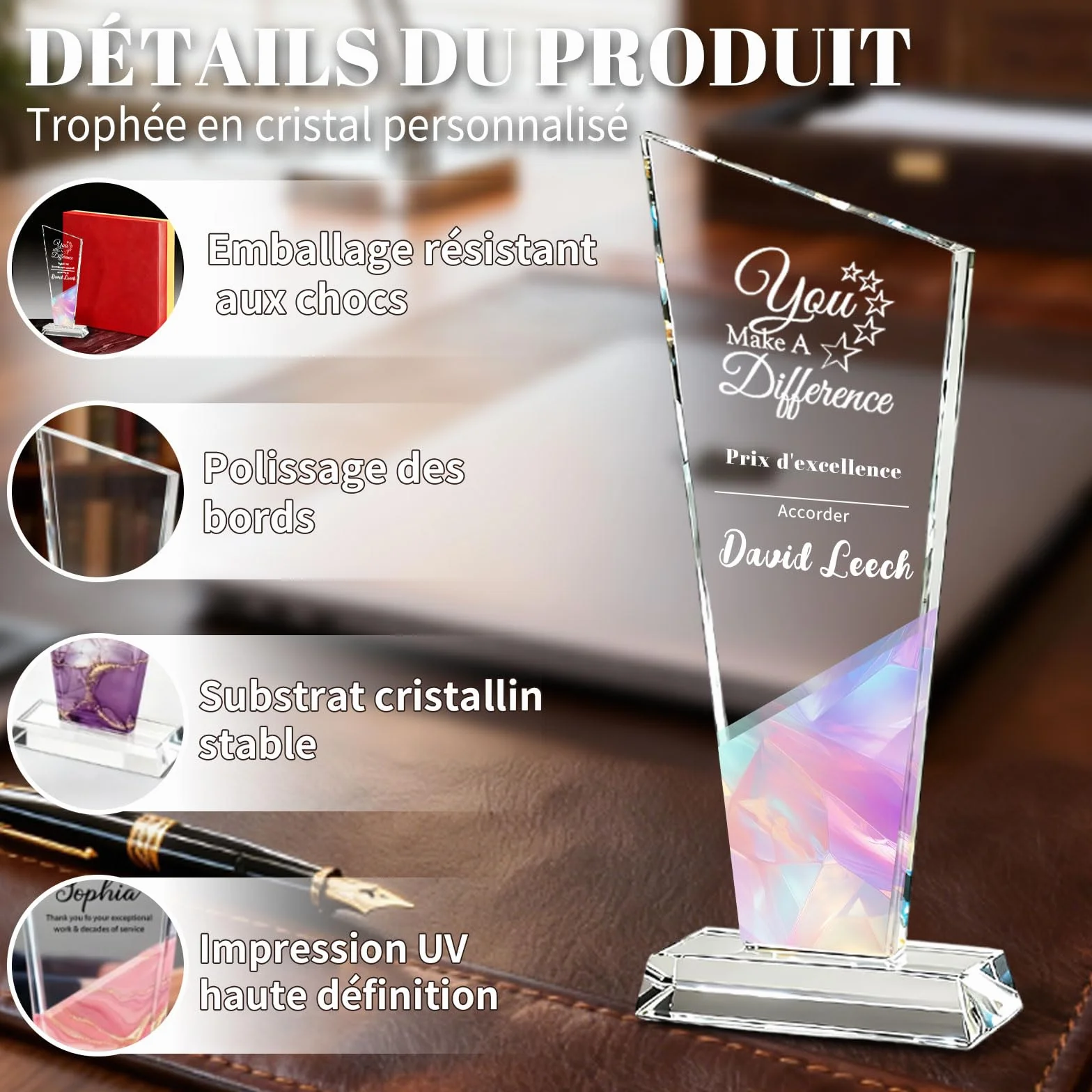 Trophée Personnalisable en Cristal Gravé Logo et Texte Cadeau d'entreprise pour Récompense Employé