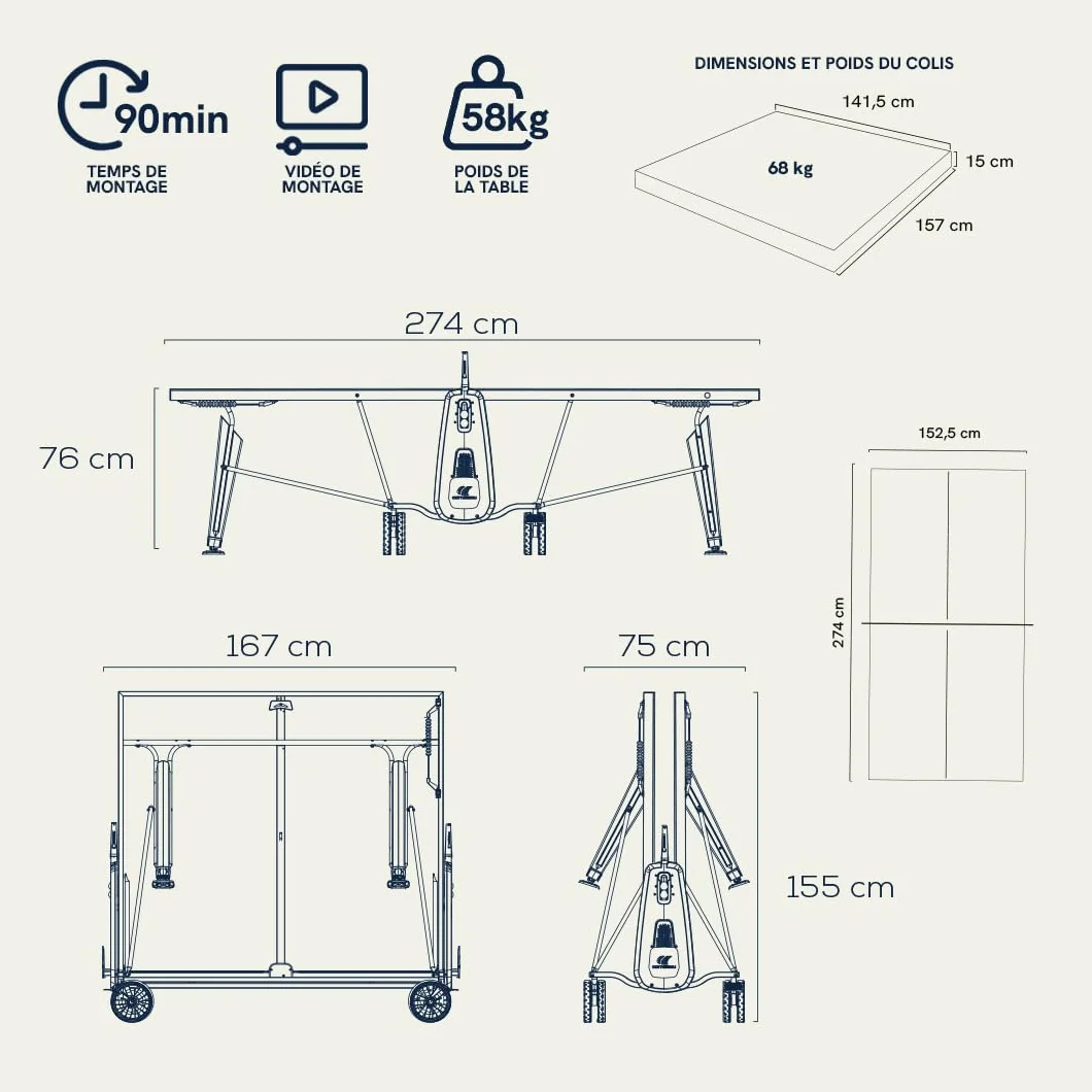 Cornilleau Table de ping-pong d'extérieur 400X Outdoor Agrément FFTT Panneau Gris Bleu 5mm