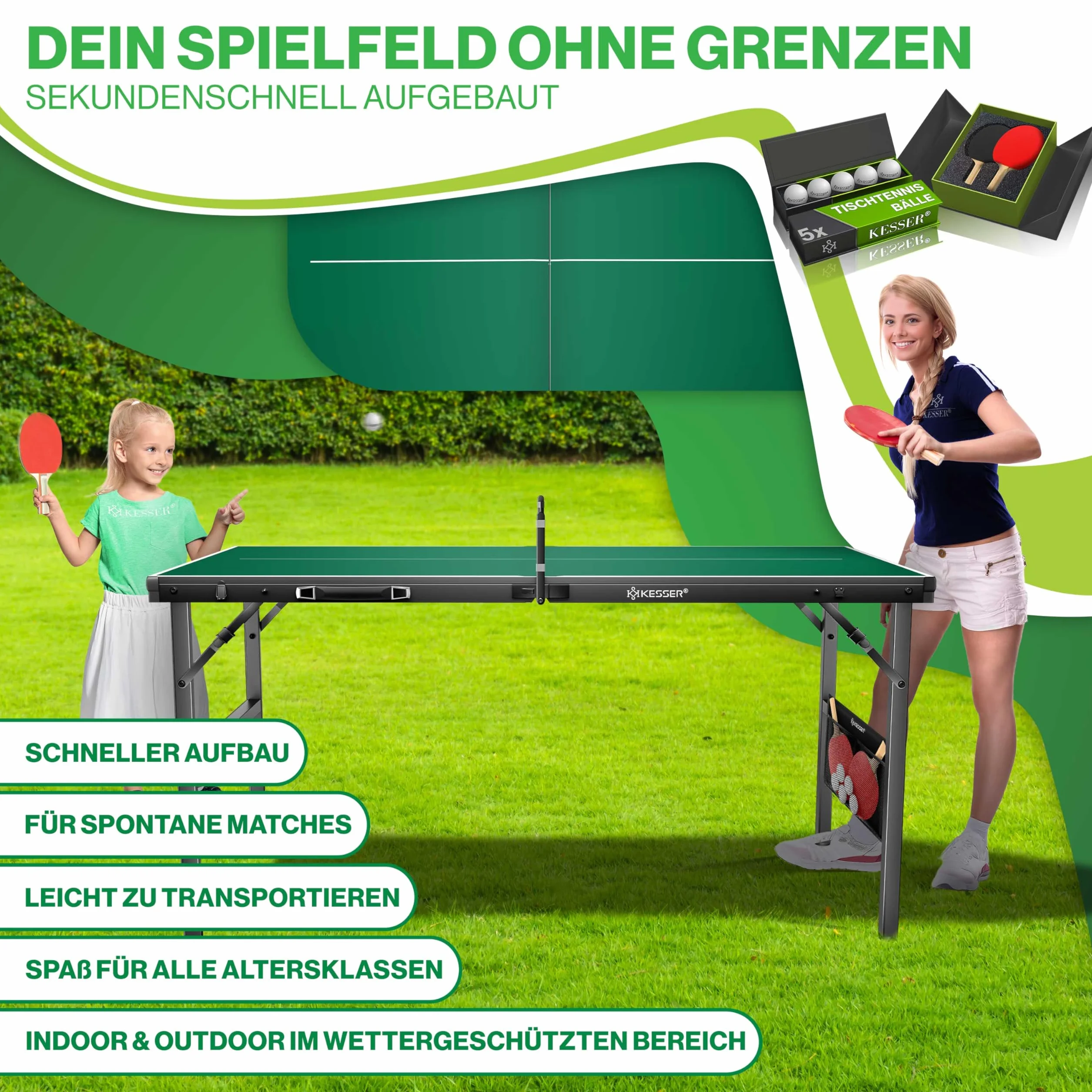 KESSER Mini table de ping-pong d'extérieur intérieur avec raquettes balles filet TT résistant aux intempéries laminé pliable