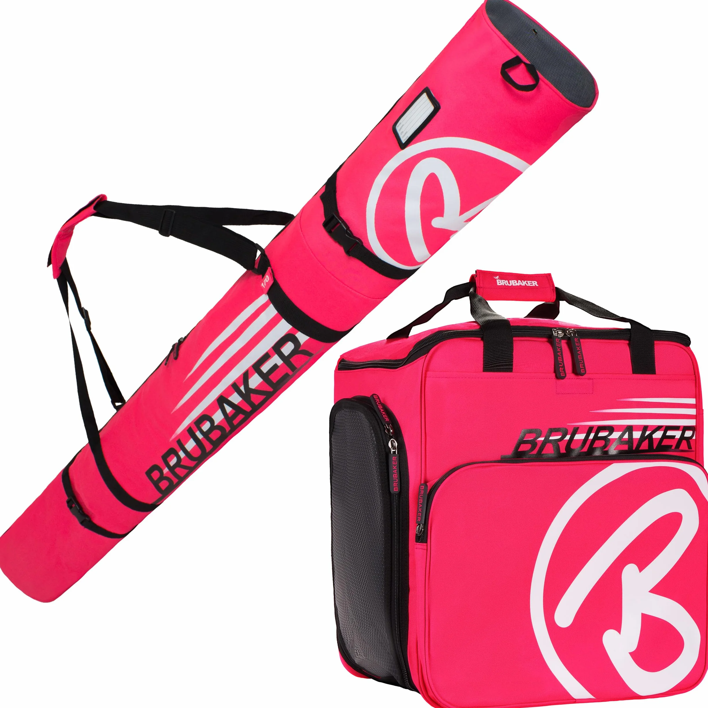 BRUBAKER Set de Ski Champion 170 cm Fuchsia Fluo Blanc Housse à Skis et Sac à Chaussures