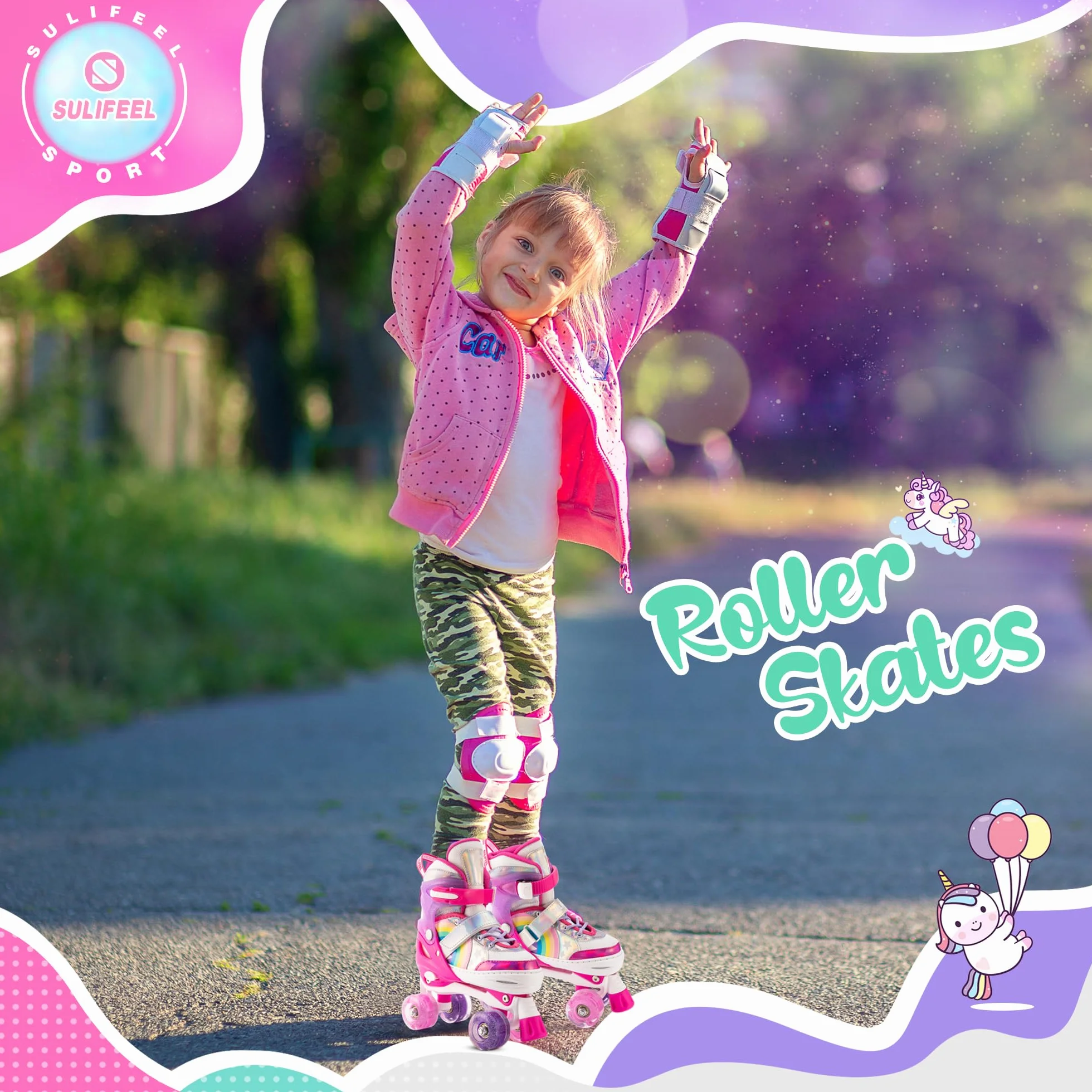 SULIFEEL Rainbow Unicorn Roller Skates Patins à roulettes Réglable Roues LED, Rollers Quad Enfants Femmes