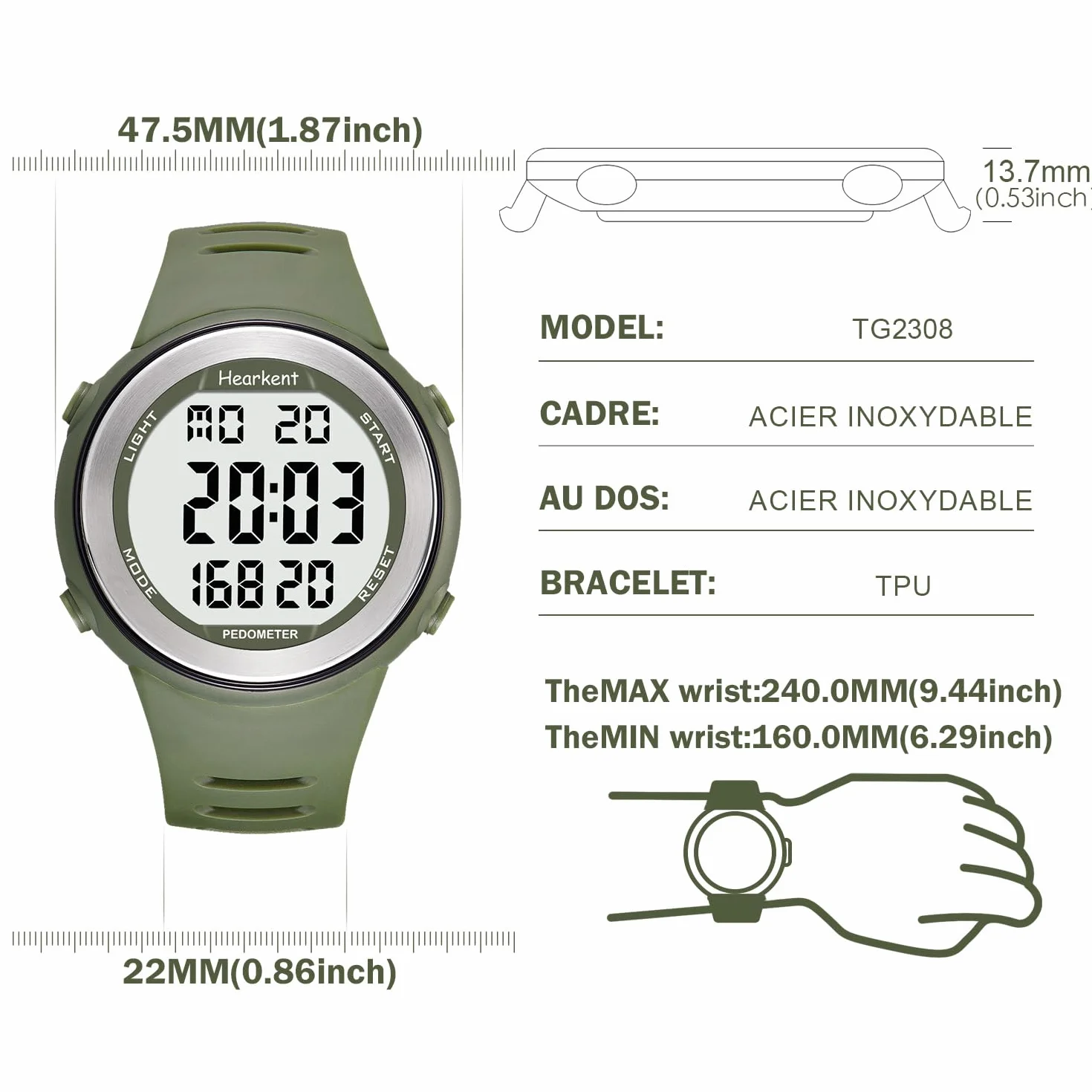 Hearkent Montre podomètre étanche pour Personnes âgées sans Bluetooth Compteur de Pas Noir