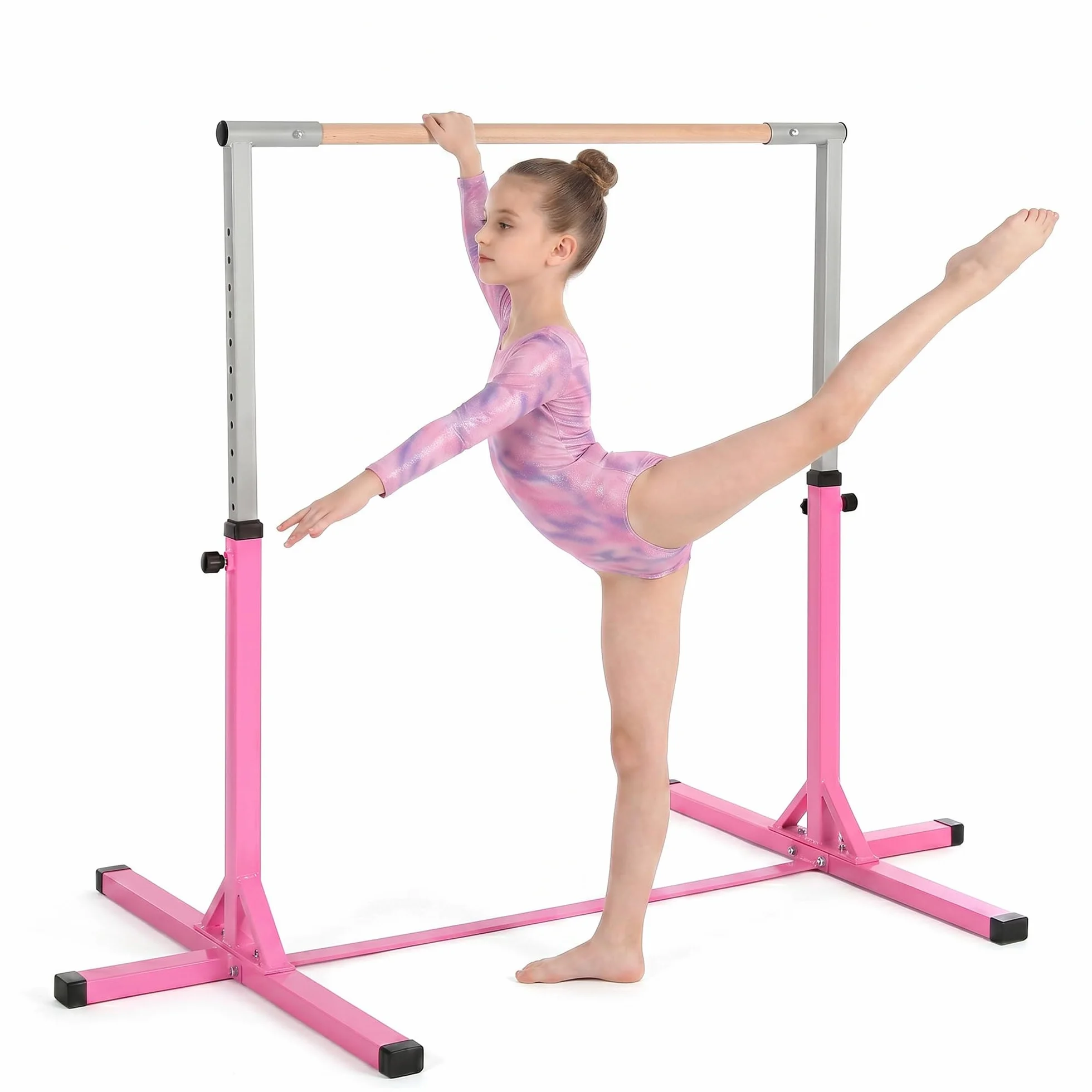 HOMCOM Barre Fixe de Gymnastique Enfant Hauteur Réglable 13 Niveaux 92-150 cm Acier Bois de Hêtre Antidérapant