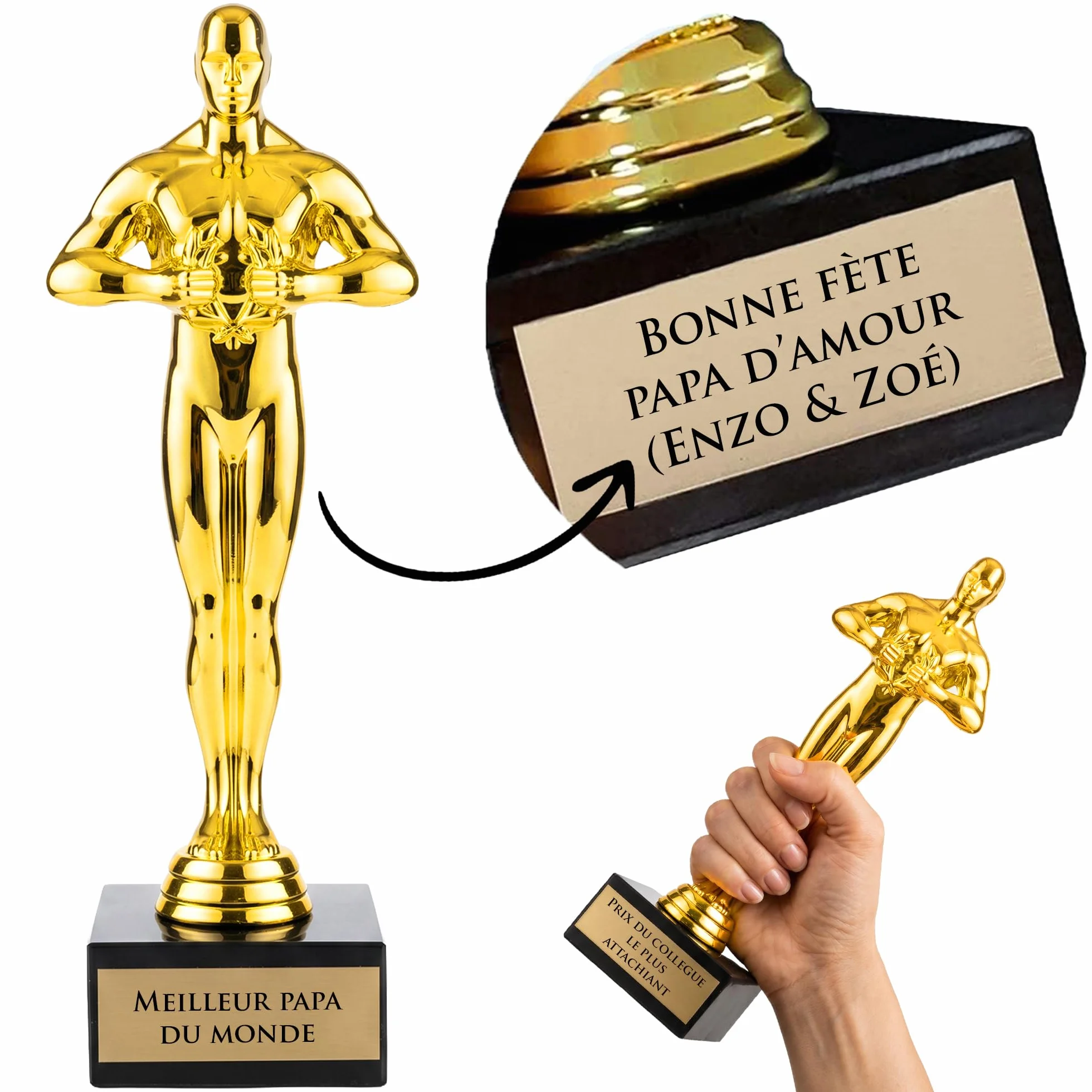 Trophée Personnalisable Statuette Dorée Gravé Texte Cadeau Fête des Pères Noël Retraite Homme