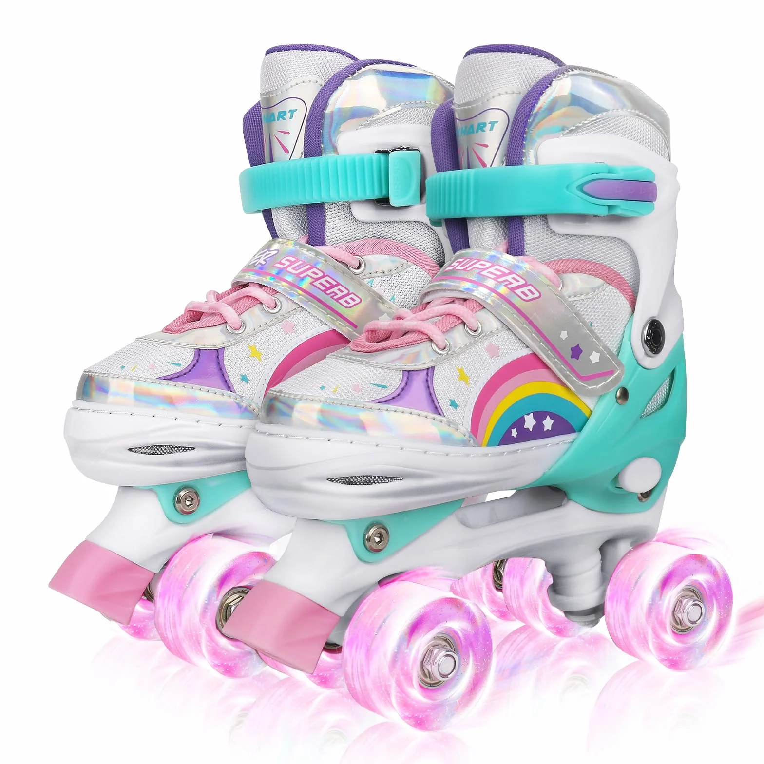 Patins à Roulettes Rainbow Filles Enfants Roues Lumineux Réglables Rollers Quad Débutants