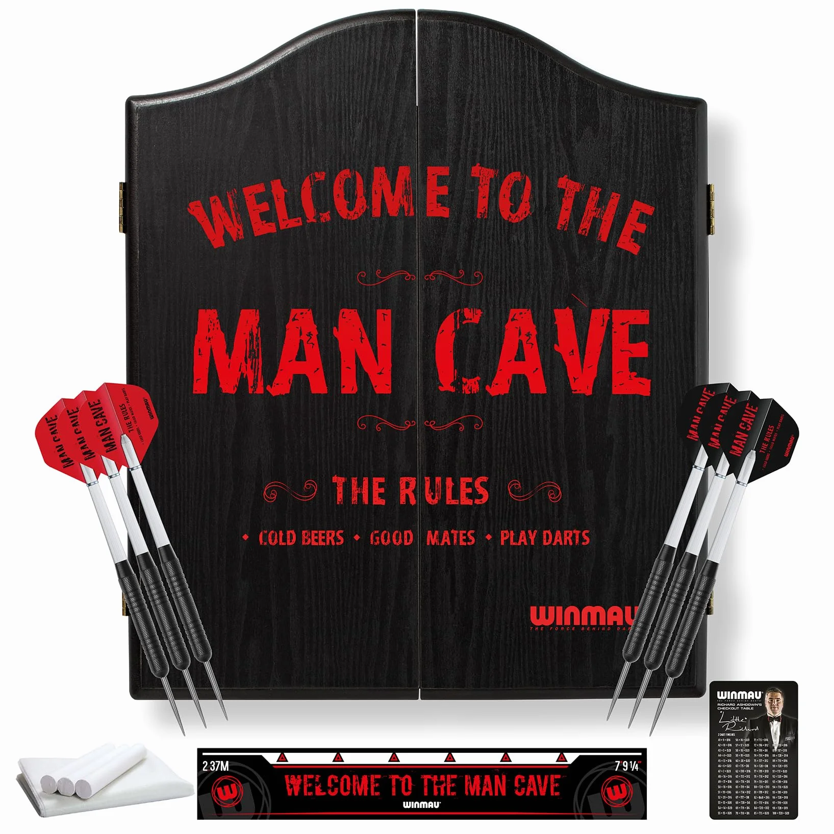 Winmau Man Cave Ensemble cible de fléchettes avec armoire, flèches et ligne de lancer