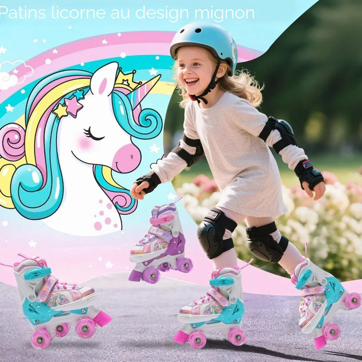 Rollers Enfant Réglables 4 Tailles 8 Roues Clignotantes Garçons Filles Débutants