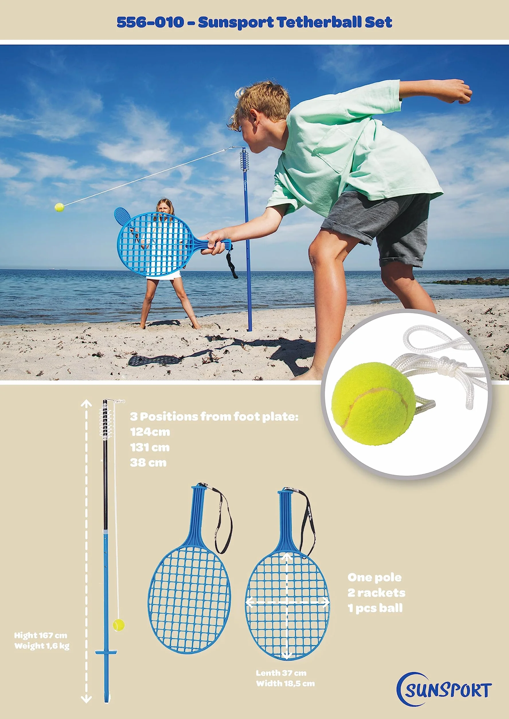 Sunsport Tetherball Bleu - Balle de Tennis Classique avec Sangle pour Jeu d'Extérieur