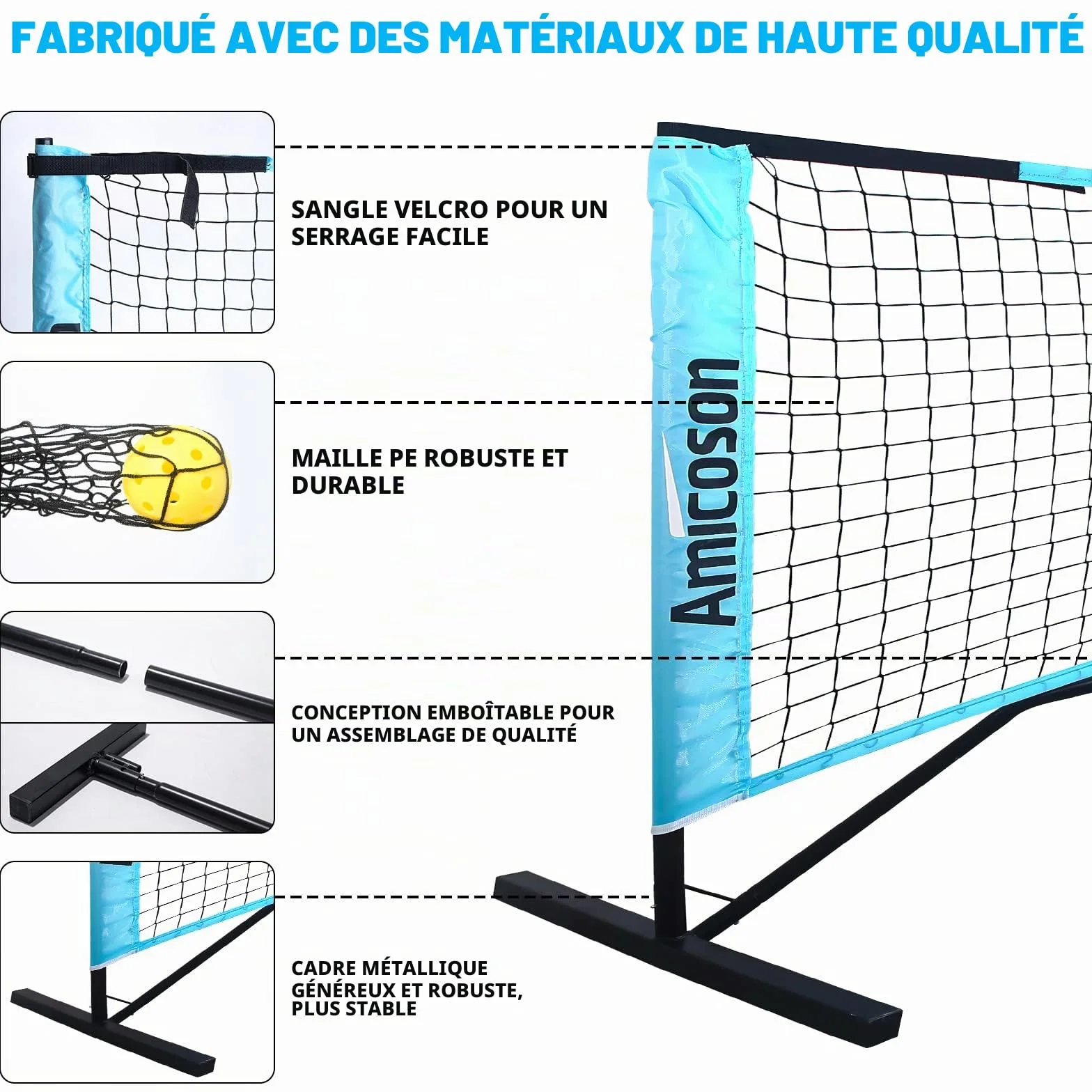 Amicoson Filet de Pickleball Set 22FT en bois pour extérieur avec 4 raquettes, 8 balles, sac de transport