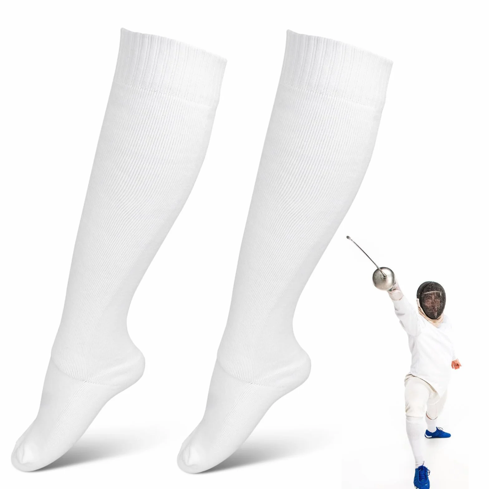 Chaussettes d'Escrime Coton épaissi pour Épée, Sabre et Feuille, Protection Genou Hautes Blanc