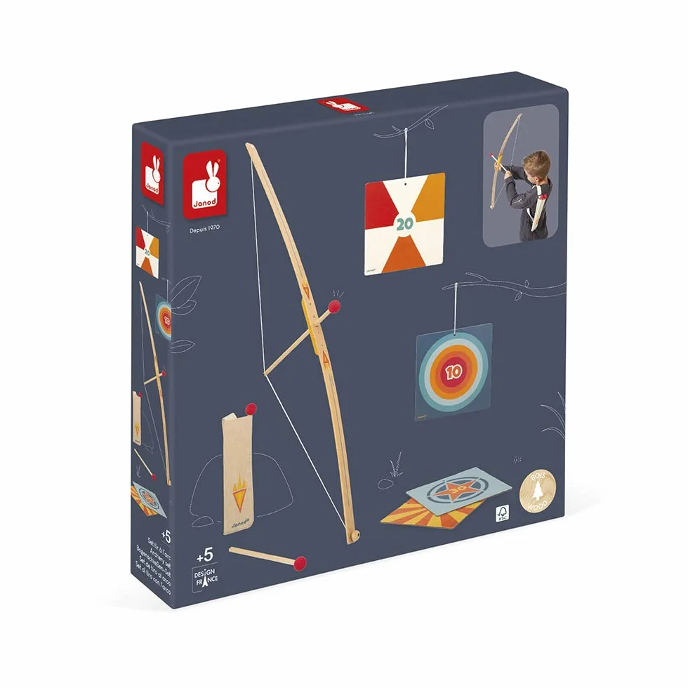Janod Set Tir à l'arc en Bois Arc 3 Flèches Carquois 4 Cibles Jeu Plein Air Sport Dès 5 Ans