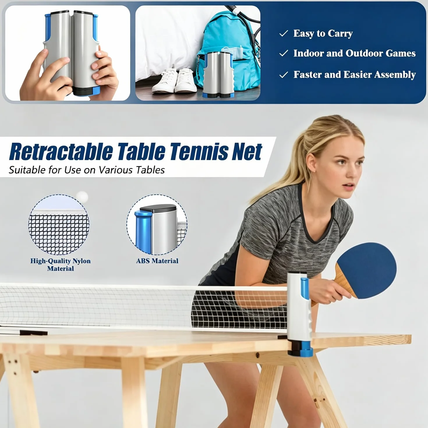 Filet de Ping Pong Rétractable 170 cm, pour Table Portable, Gris Bleu