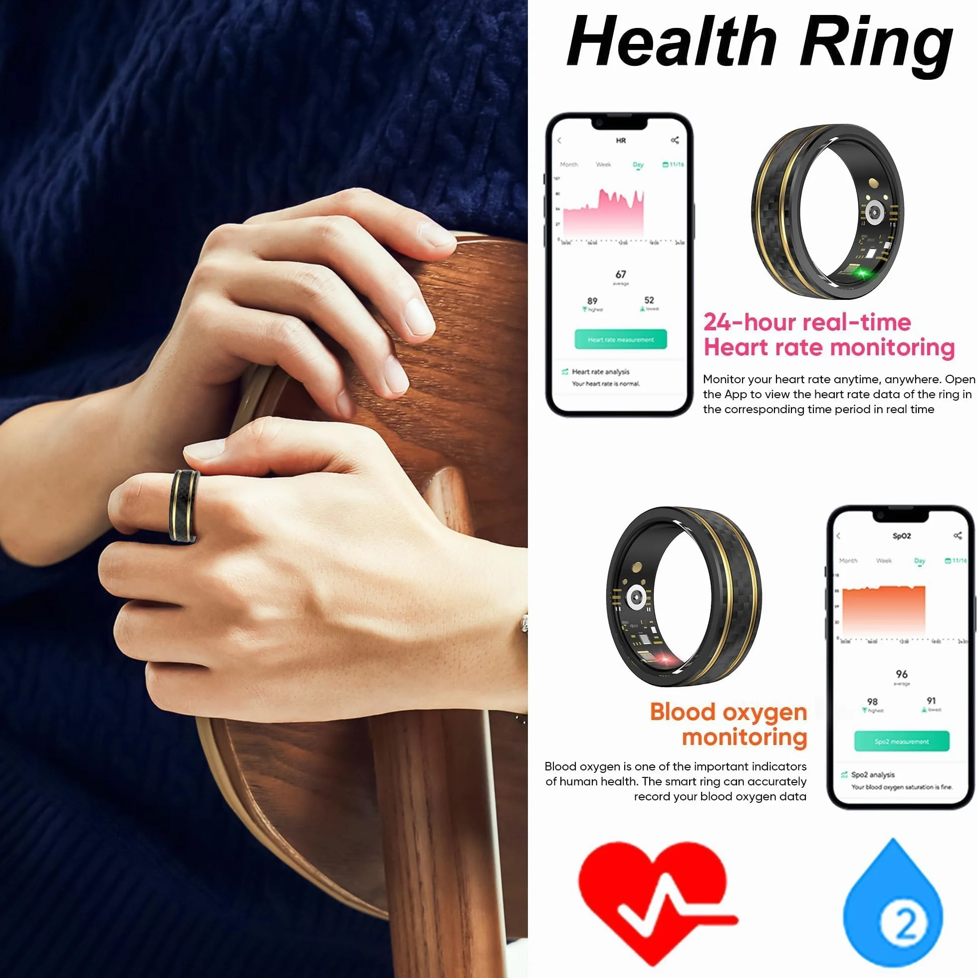 Bague intelligente moniteur fréquence cardiaque pression artérielle sommeil oxygène sang podomètre calories fitness