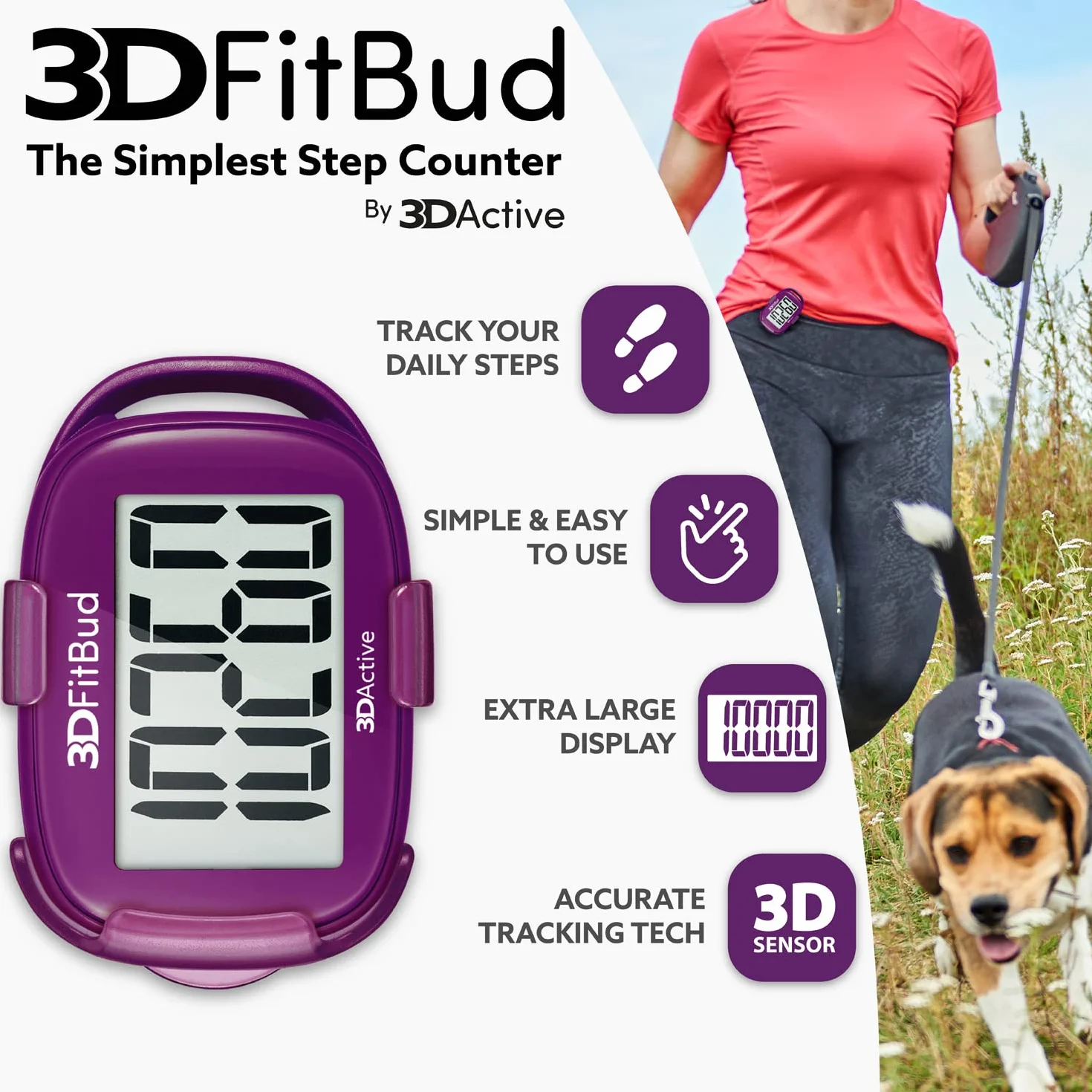 3DFitBud Podomètre de Marche 3D avec Clip et Cordon Grand Écran A420S