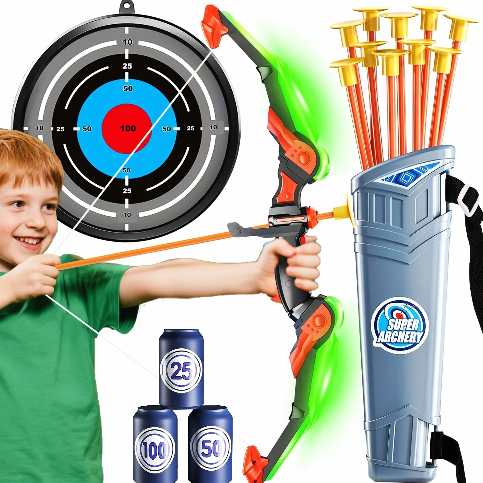 Arc et Flèche Enfants LED Lumineux avec Carquois 10 Flèches Ventouse Cibles Jouet Tir à l'Arc 3-12 Ans