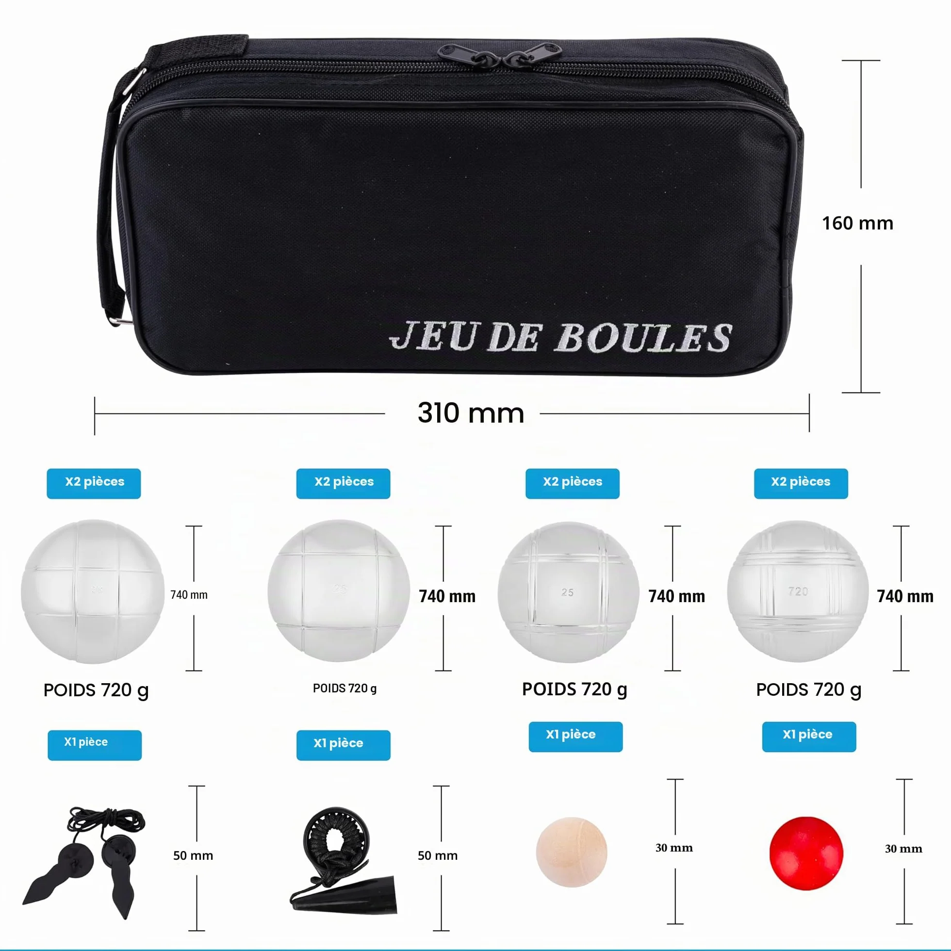 Engelhart Boules de Pétanque 8 Boules 74 mm 720 g Métal avec Sacoche et Accessoires