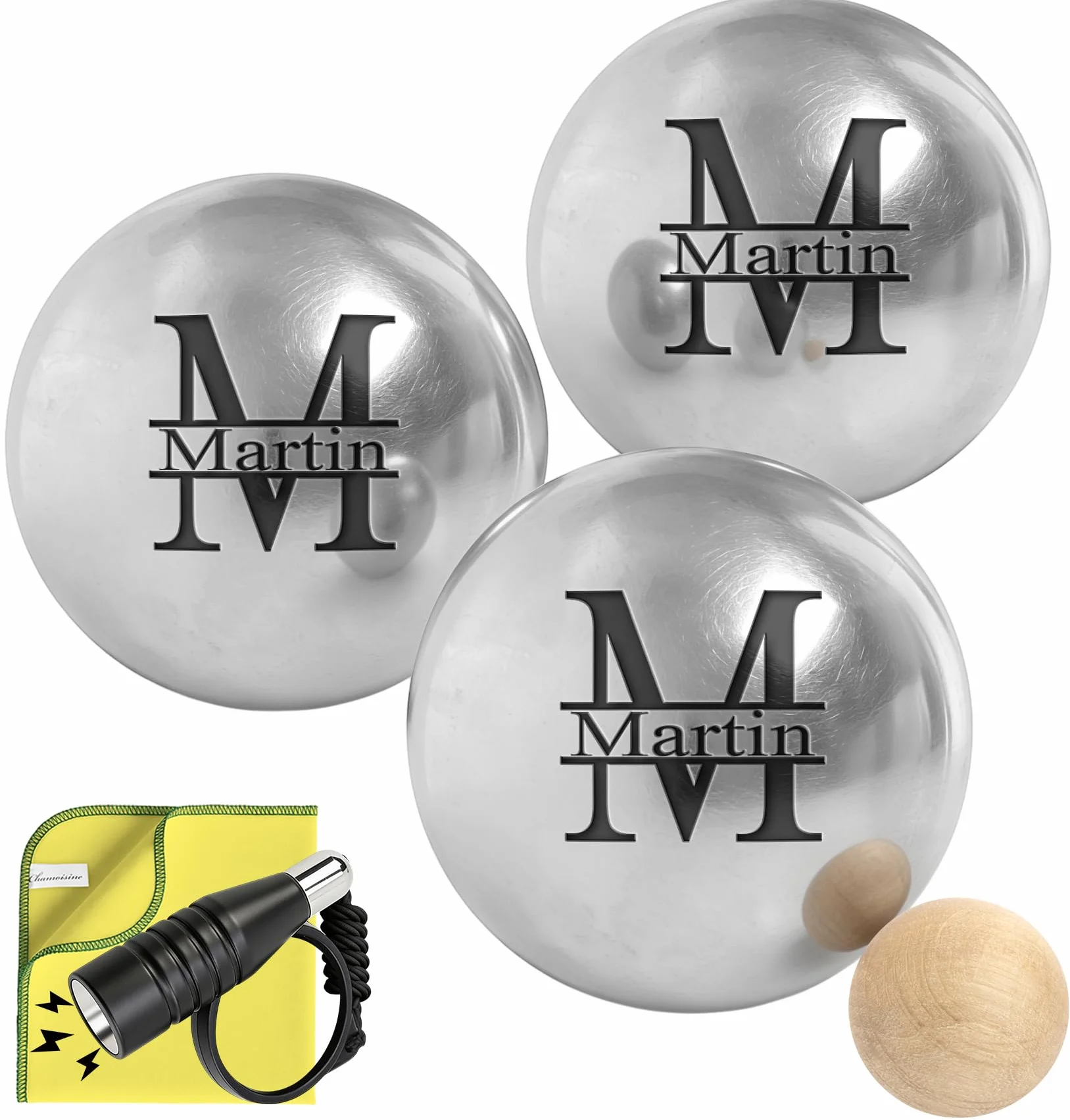 Boule de pétanque personnalisée Triplette 550g gravée - Lot de 3 boules et 1 cochonnet