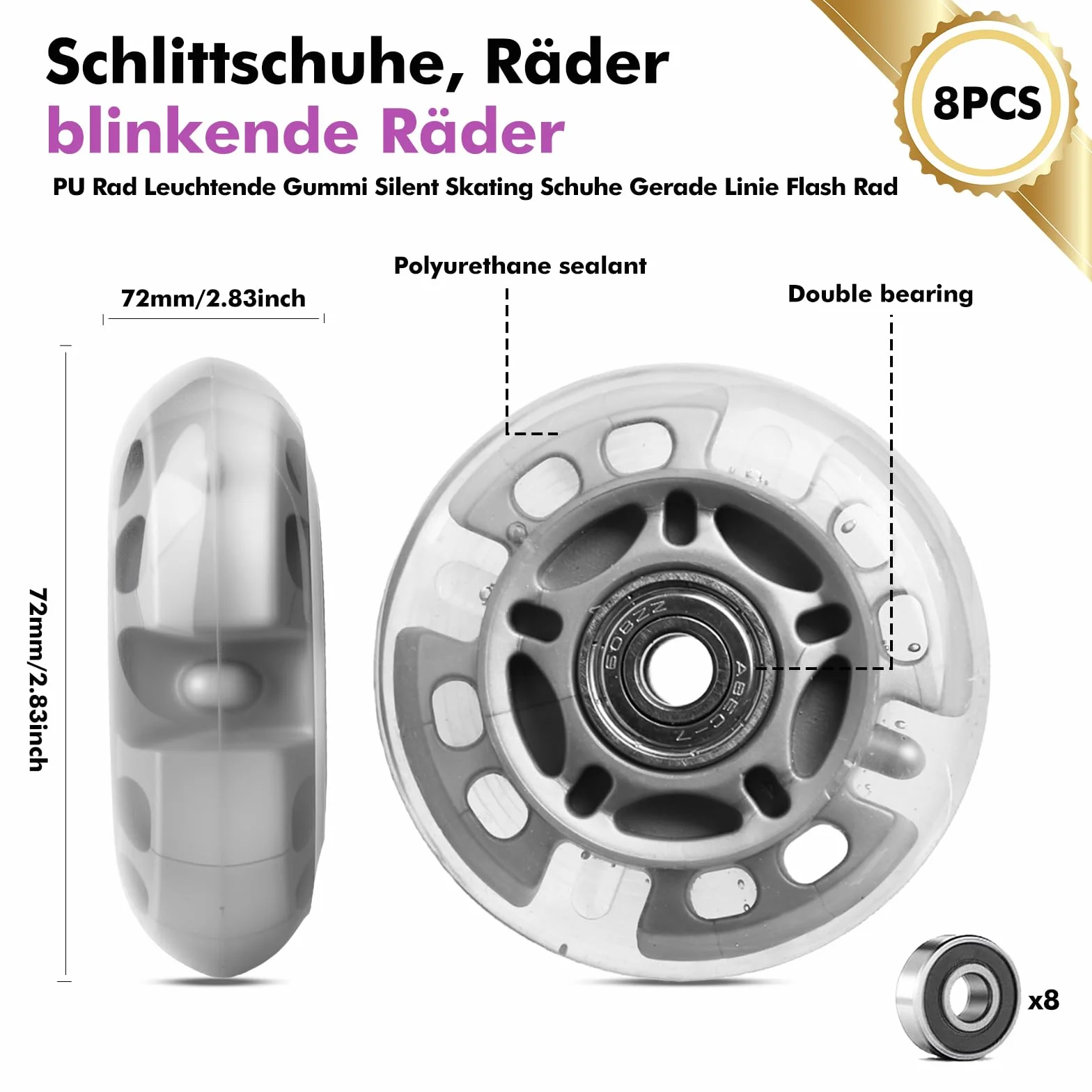 Roues de rollers LED 72 mm – Roulettes lumineuses avec roulements à billes pour patins