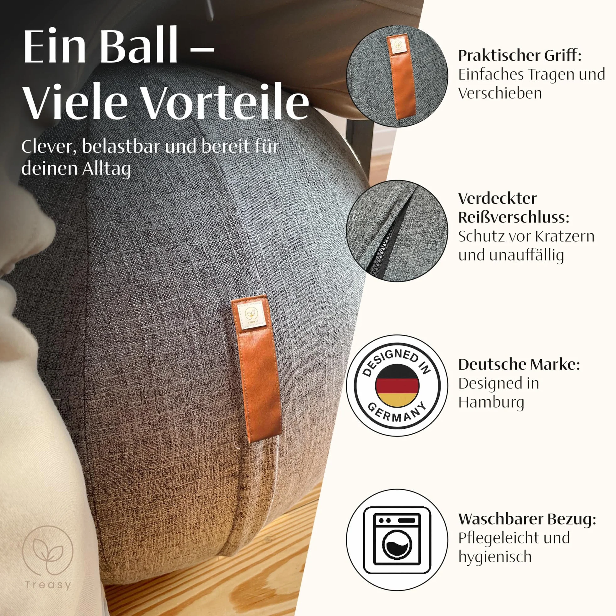Ballon de siège Treasy 60-65 cm avec housse, ballon d'exercice ergonomique, fitness avec poignée